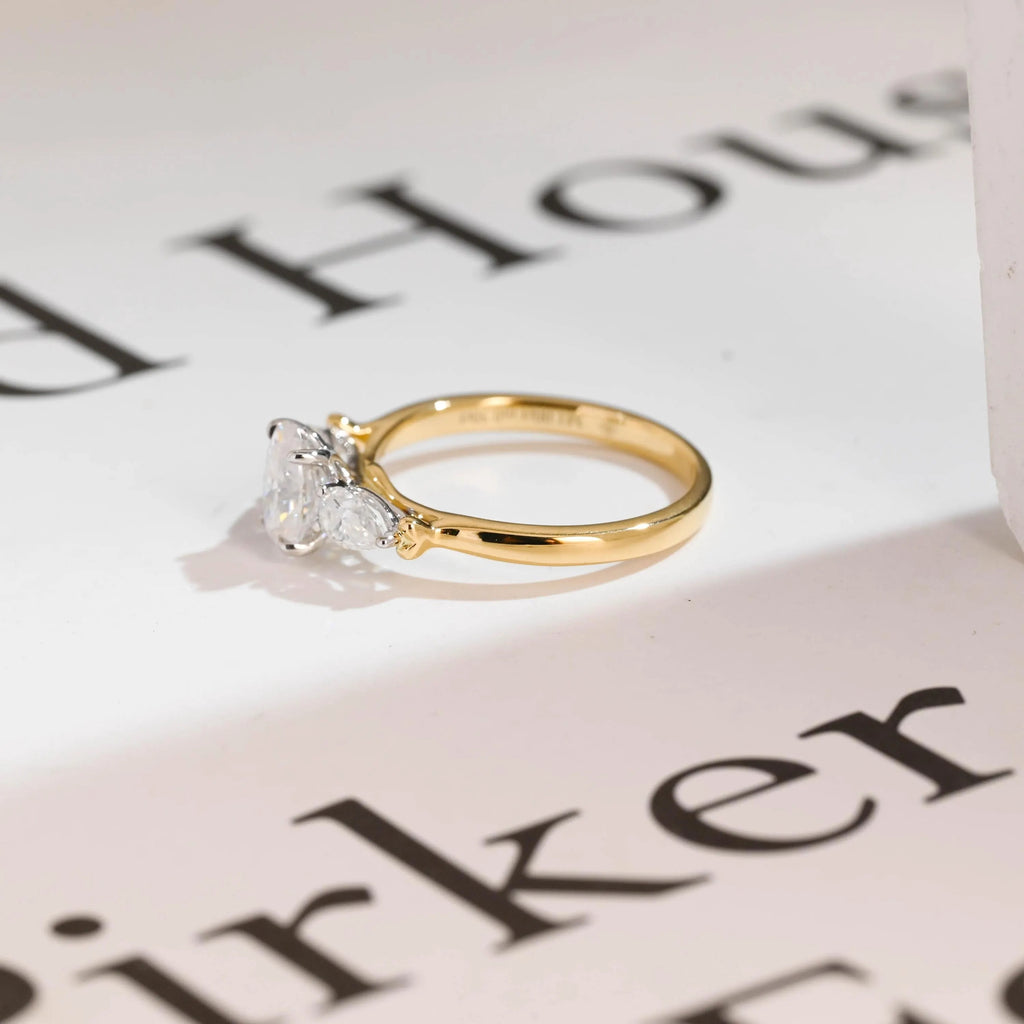 Solid Gold Oval Moissanite Engagement Ring, Three Stone Promise Ring