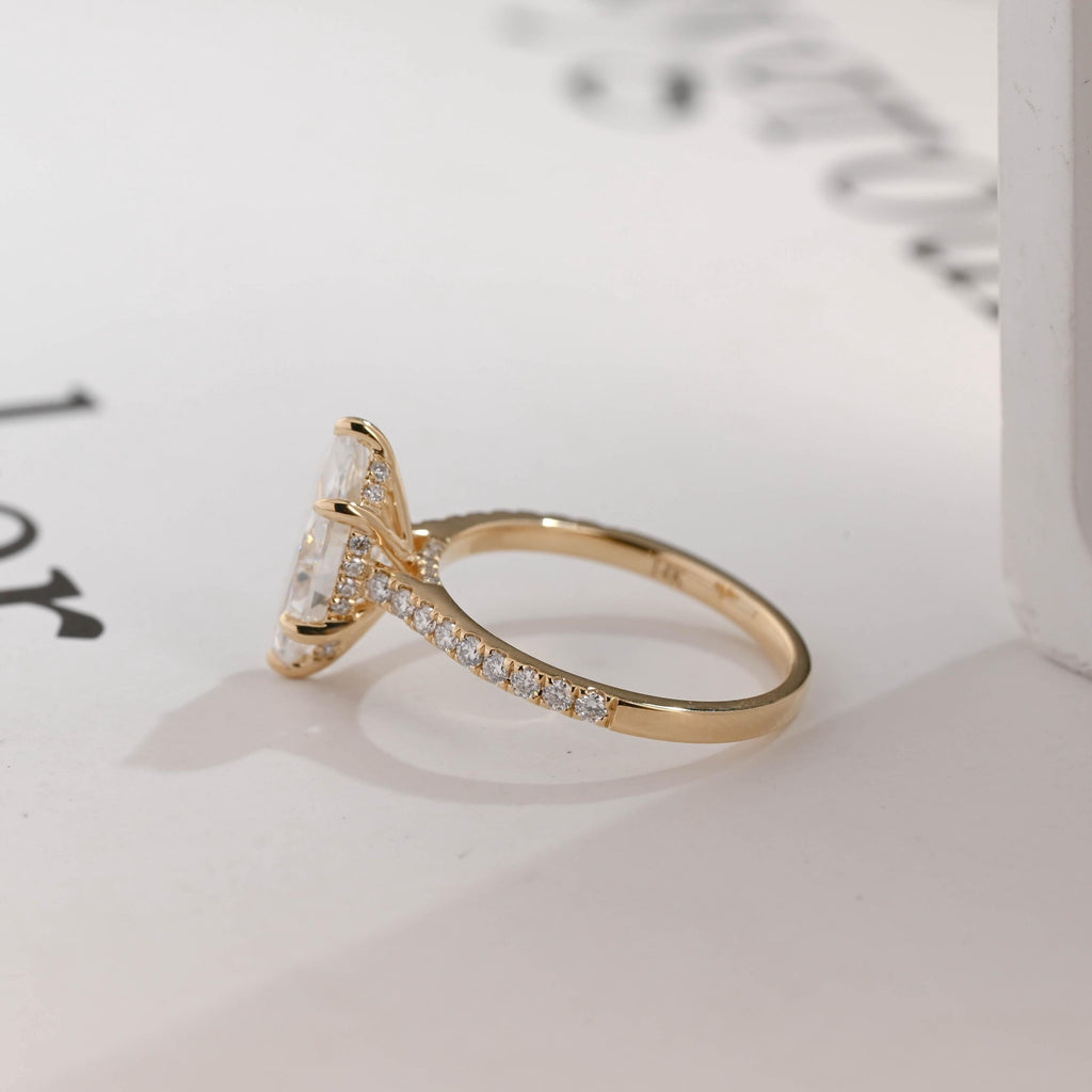 Solid Gold Marquise Marquise Moissanite Ring, Cathedral Half Eternity Ring