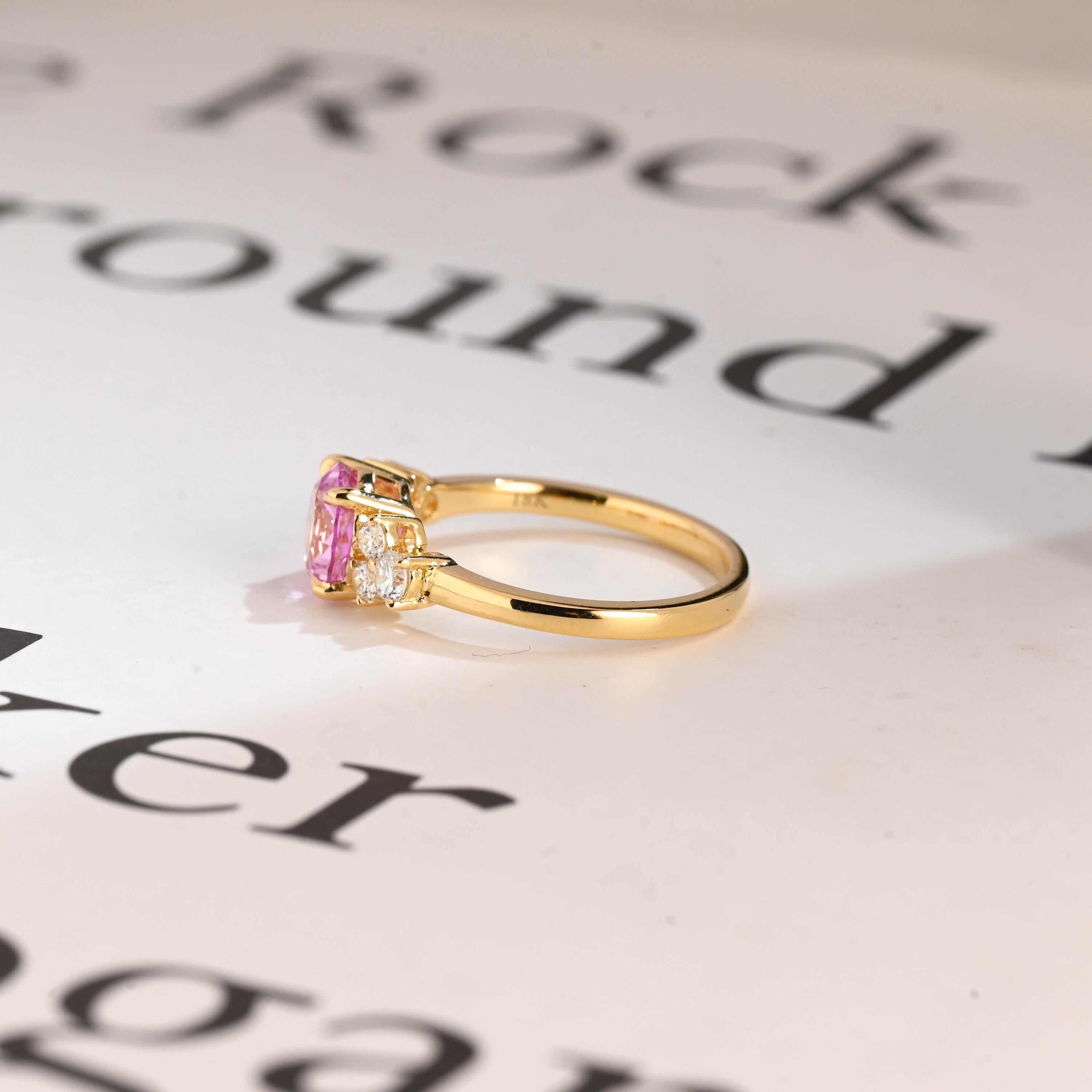 Solid Gold Cluster Round Cut Pink Moissanite Sapphire Engagement Ring