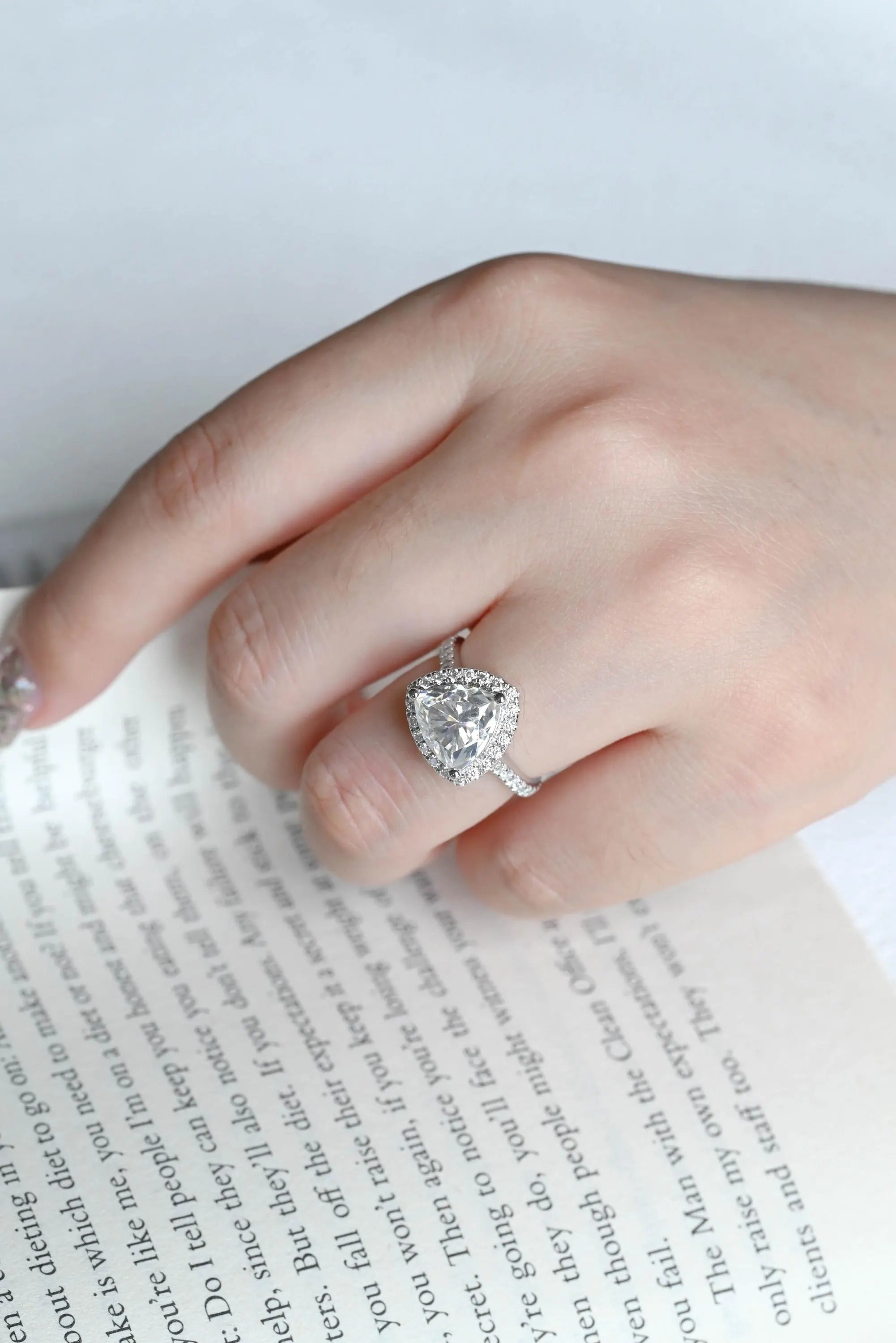 Solid Gold Trillion Cut Moissanite Engagement Ring, Halo Triangle Wedding Ring