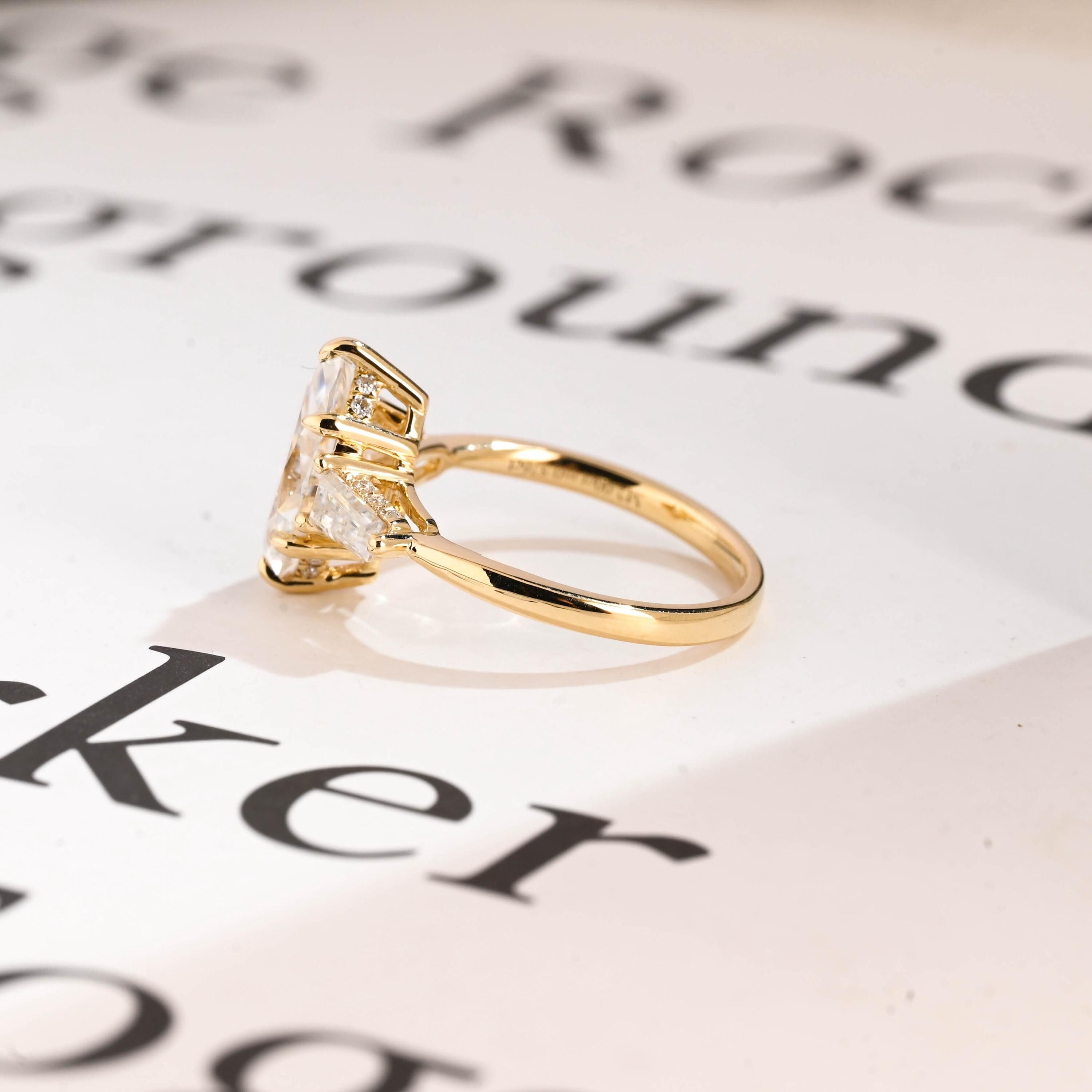 Solid Gold Three Stone Ring, Marquise Moissanite Engagement Ring