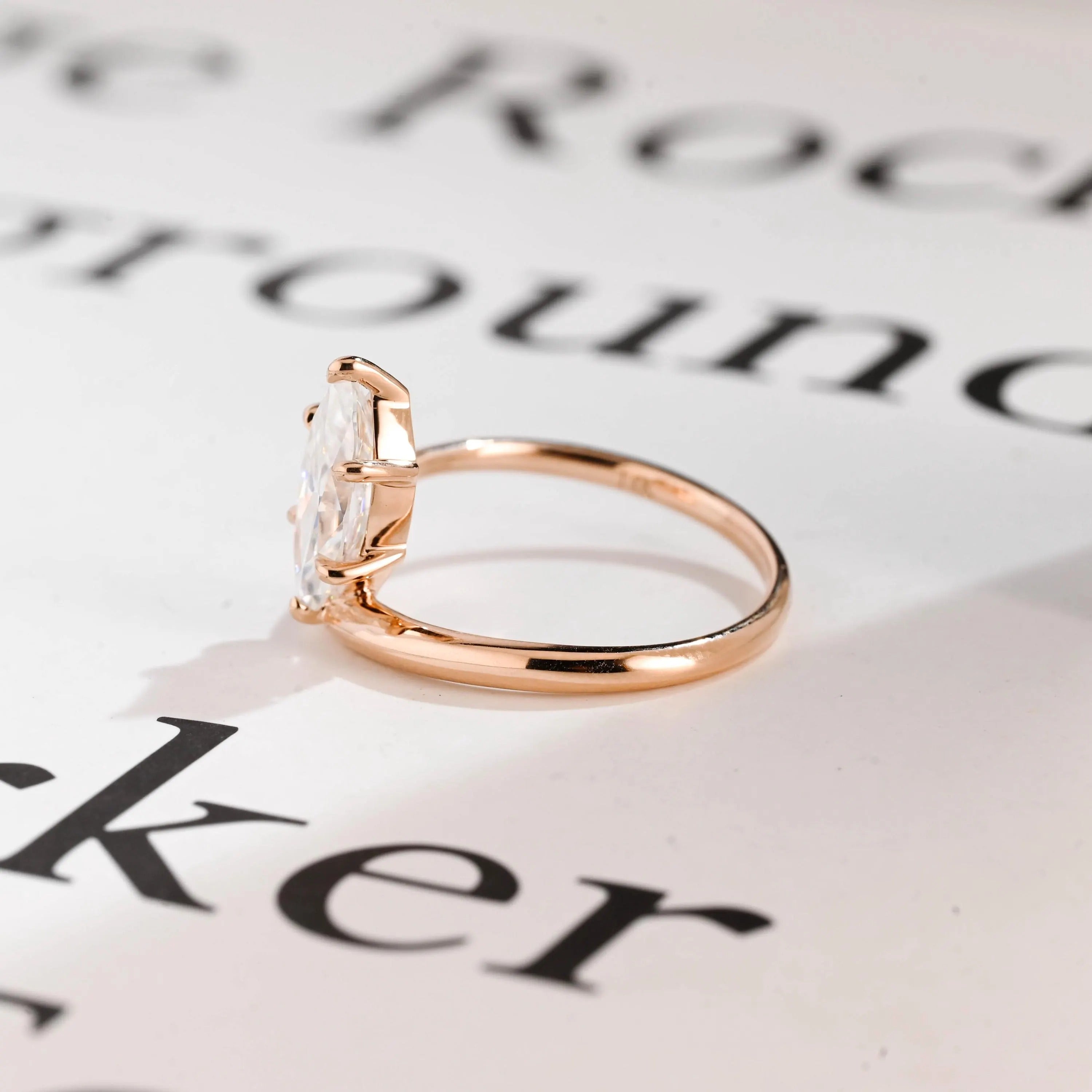 Solid Gold Marquise Cut Moissanite Engagement Ring, Open Shank Ring
