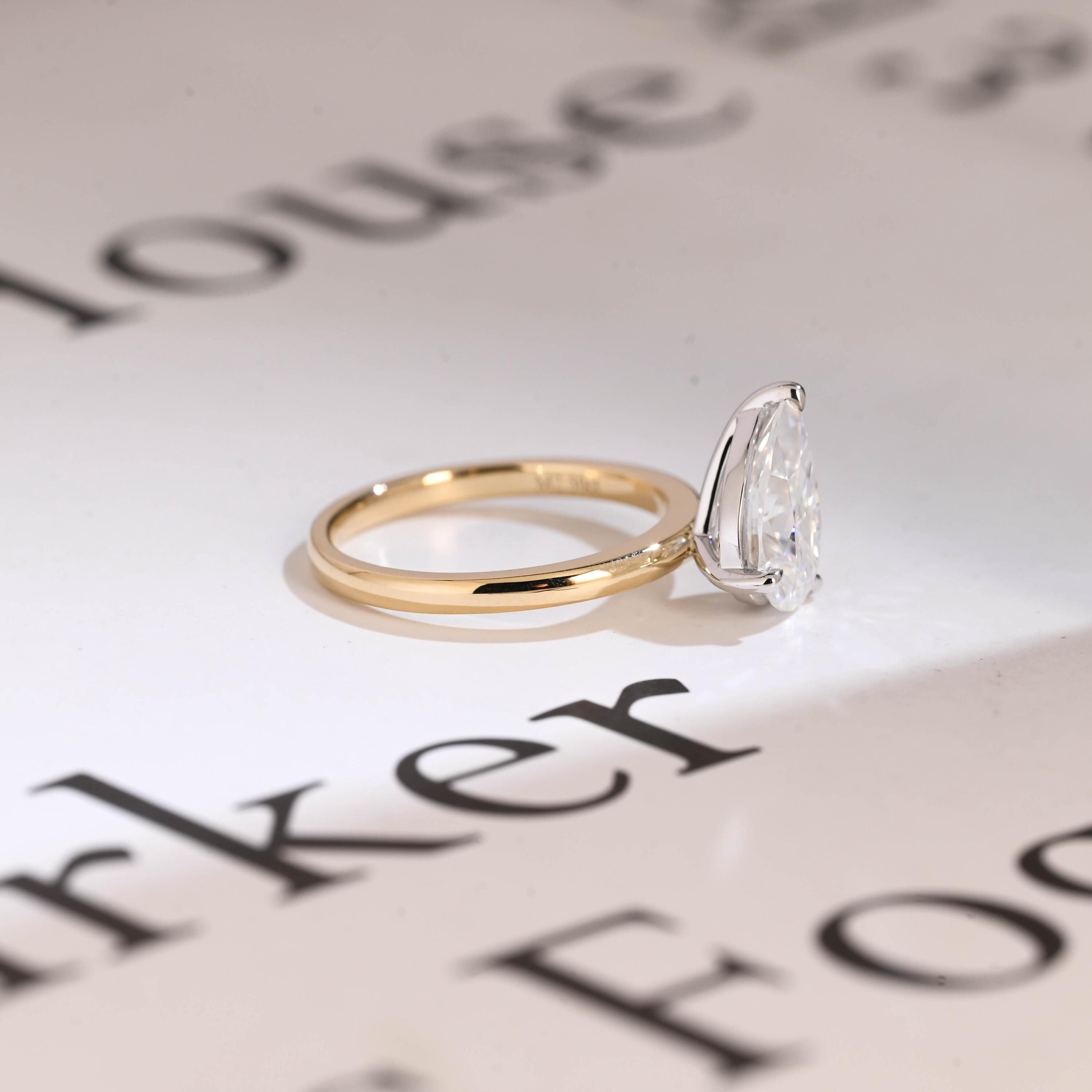 Solid Gold Two Tone Pear Cut Moissanite Engagement Ring, Unique Anniversary Ring