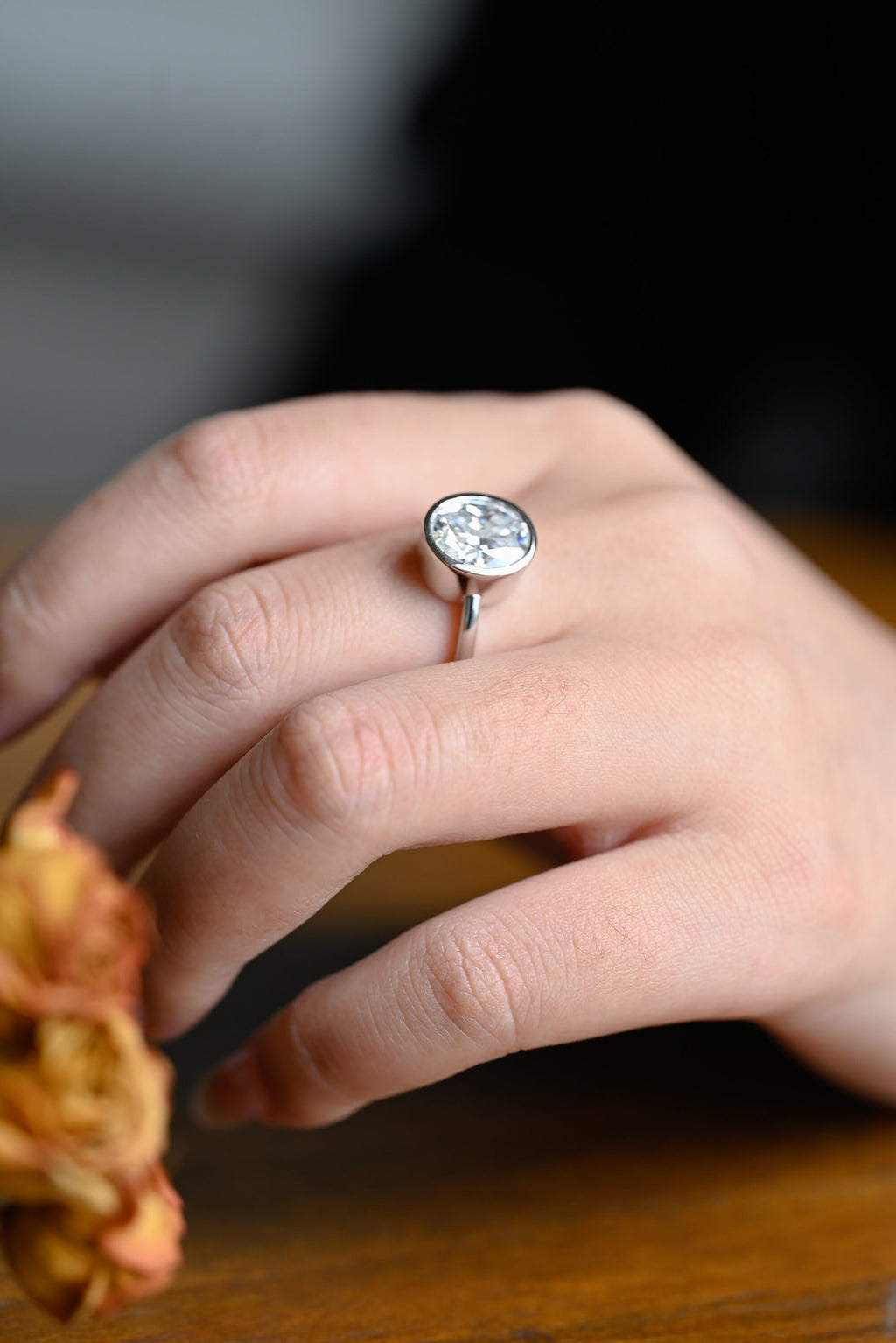 Solid Gold Oval Cut Crushed Ice Moissanite Engagement Ring with Bezel