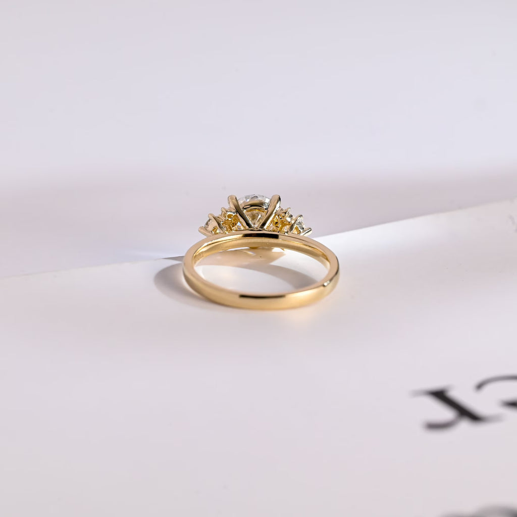 Solid Gold Three Stone Ring, Round Cut Moissanite Engagement Ring