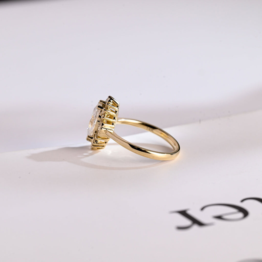 Solid Gold Marquise Cut Halo Moissanite Engagement Ring, Bridal Ring for Women