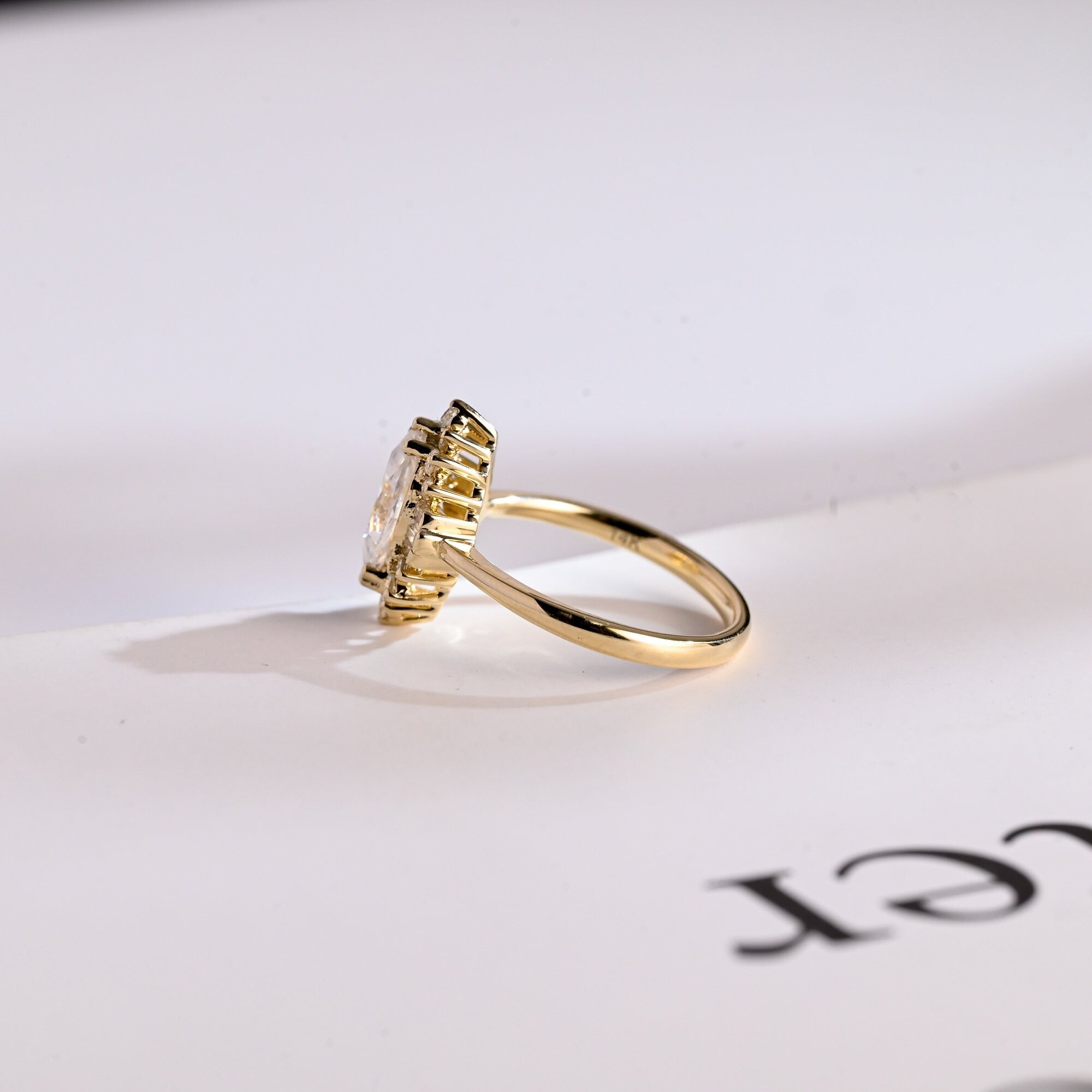 Solid Gold Marquise Cut Halo Moissanite Engagement Ring, Bridal Ring for Women