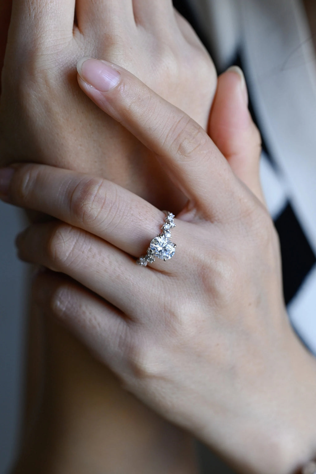 Solid Gold Oval Cut Moissanite Engagement Ring with Hidden Halo