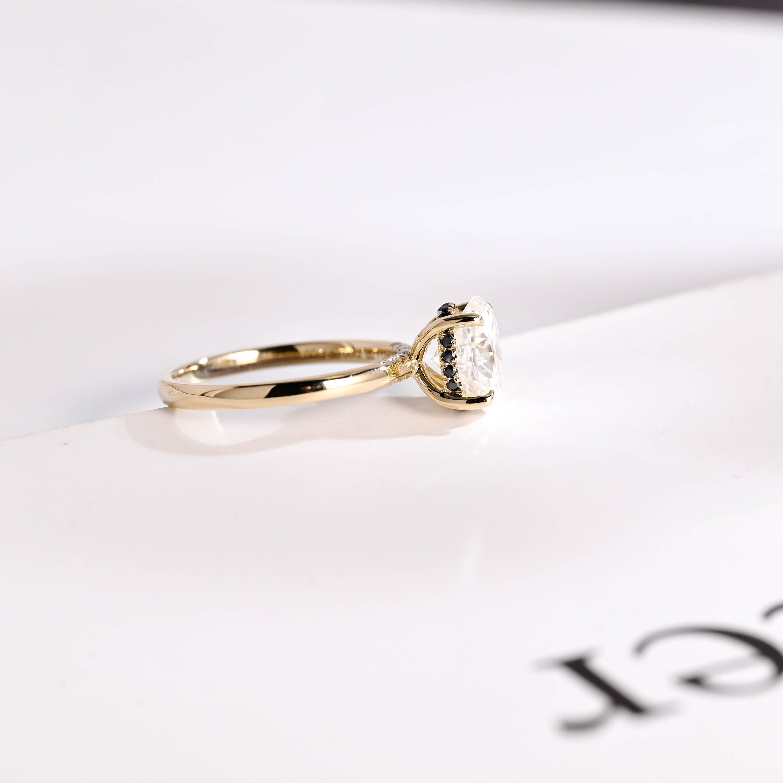 Solid Gold Oval Cut Moissanite Engagement Ring with Black Moissanite Hidden Halo