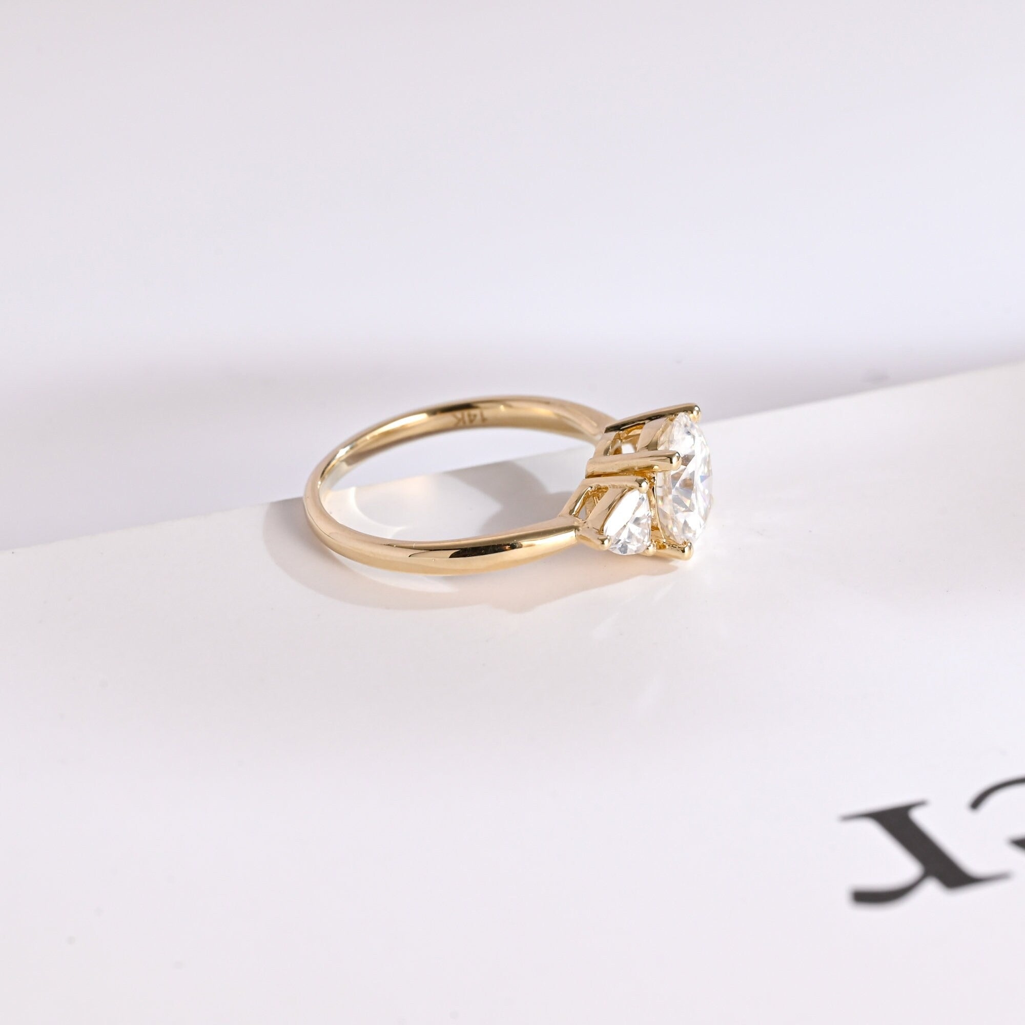 Solid Gold Three Stone Round Cut Moissanite Engagement Ring with Trillion Accent