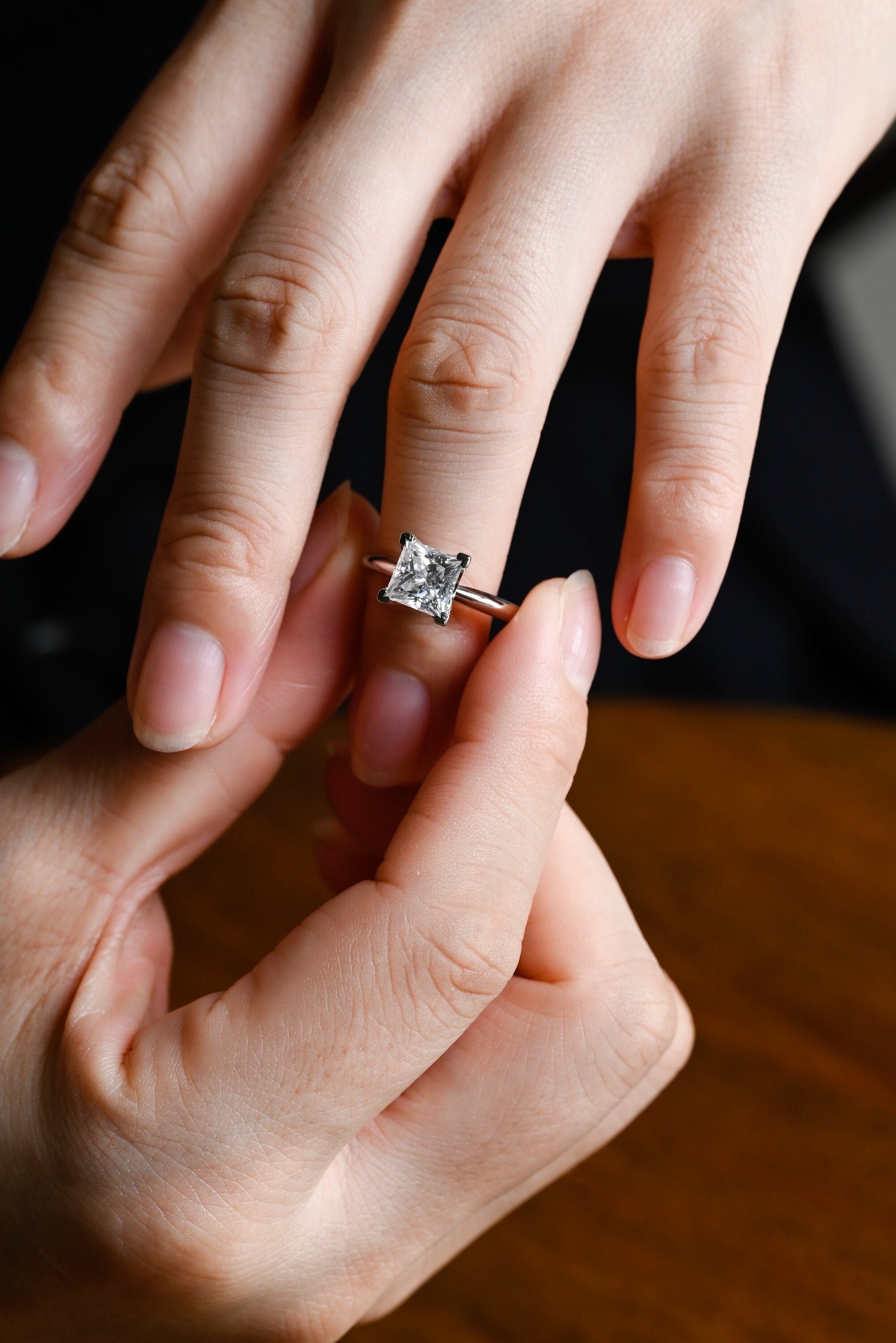 Solid Gold Princess Cut Moissanite Engagement Ring, Art Deco Ring