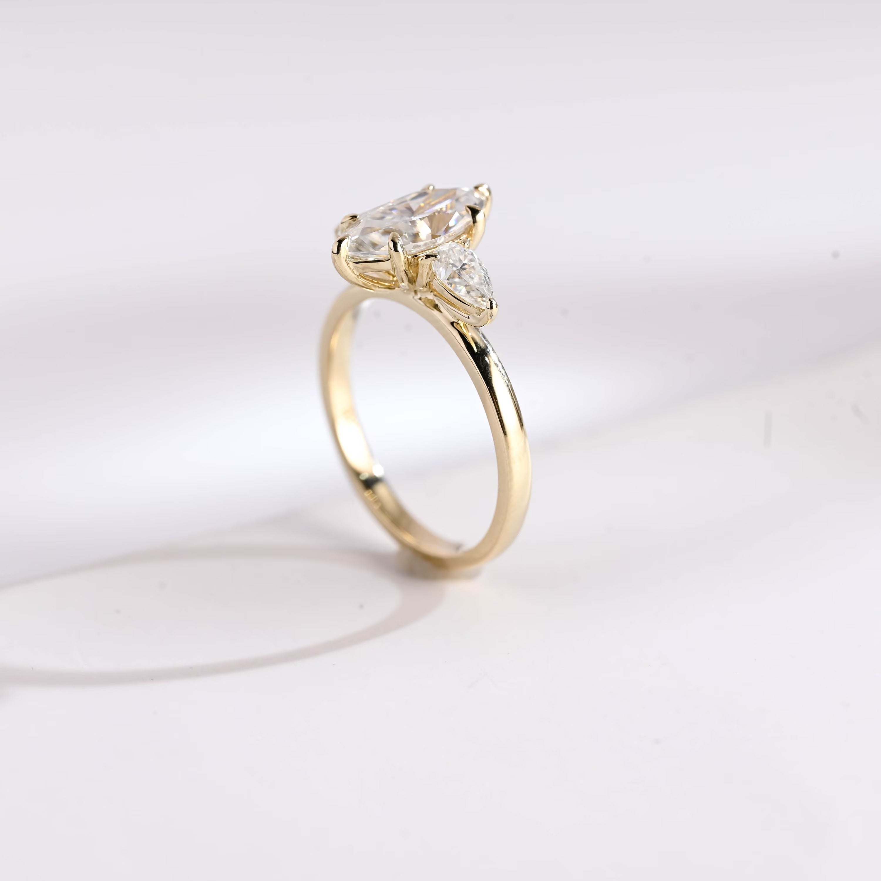 Solid Gold Marquise Cut Moissanite Engagement Ring, Three Stone Ring