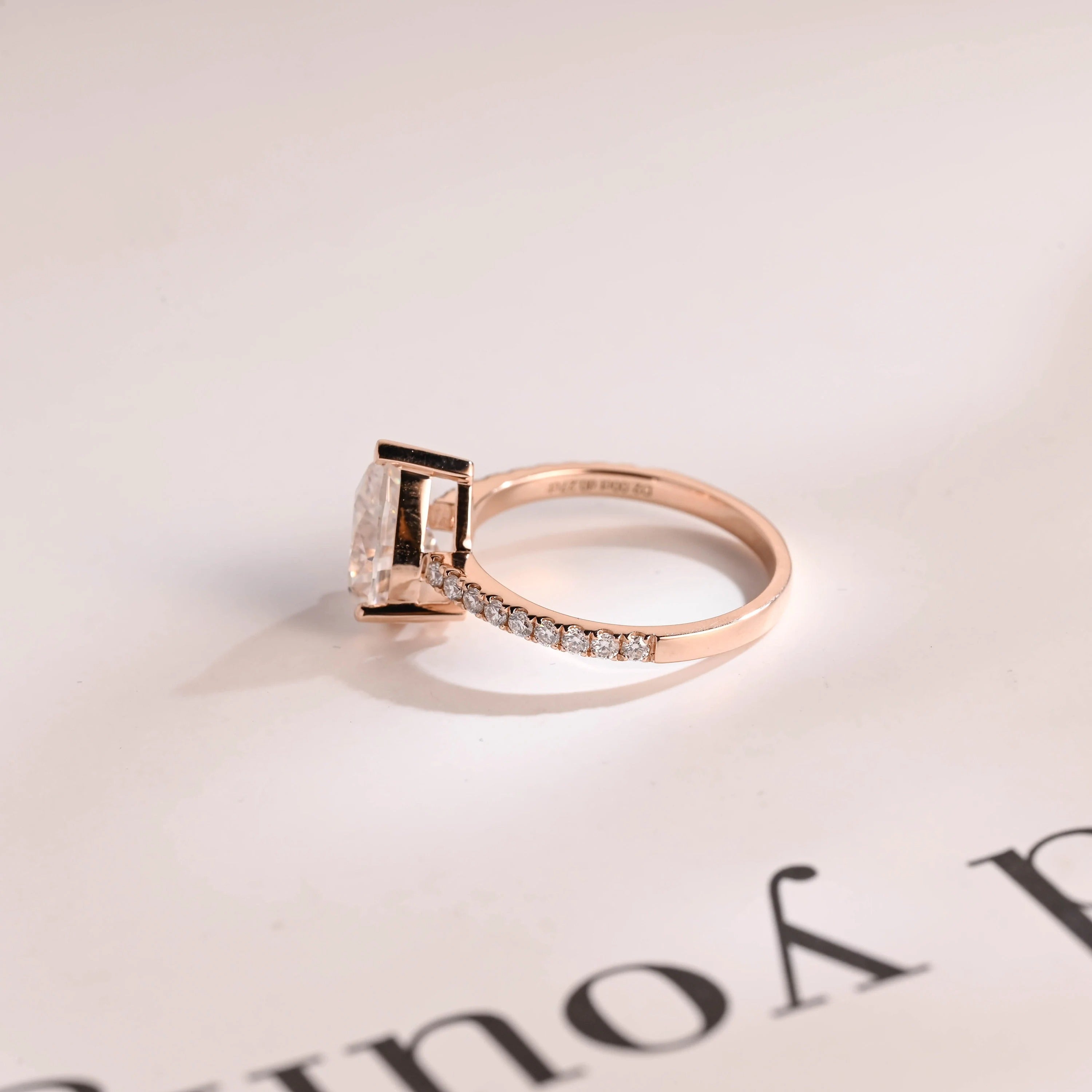 Solid Gold Pear Cut Moissanite Engagement Ring, Half Pave Proposal Ring
