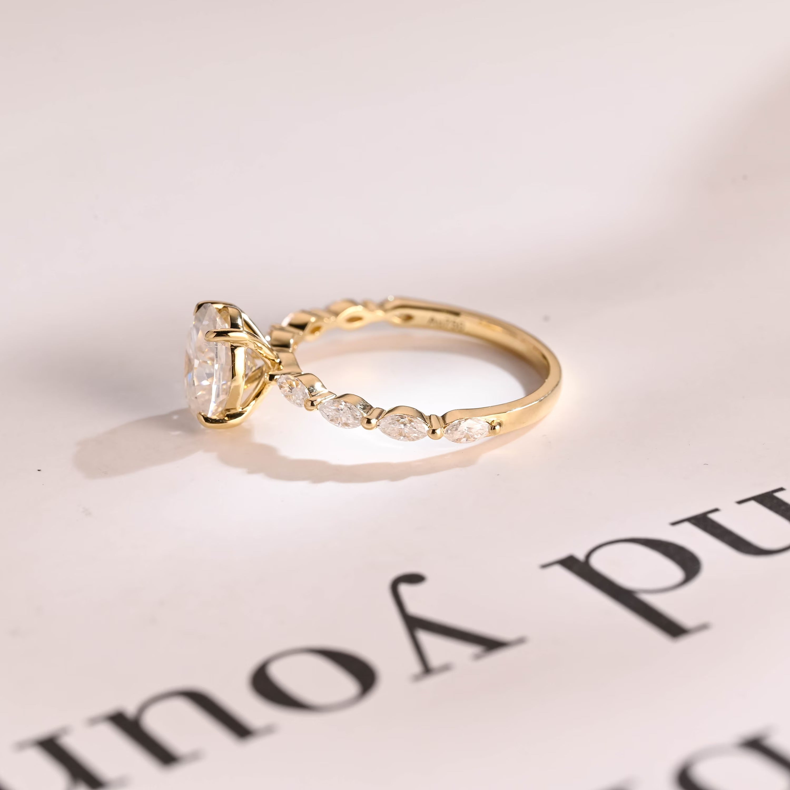 Solid Gold Oval Moissanite Engagement Ring with Marquise Moissanite Accent