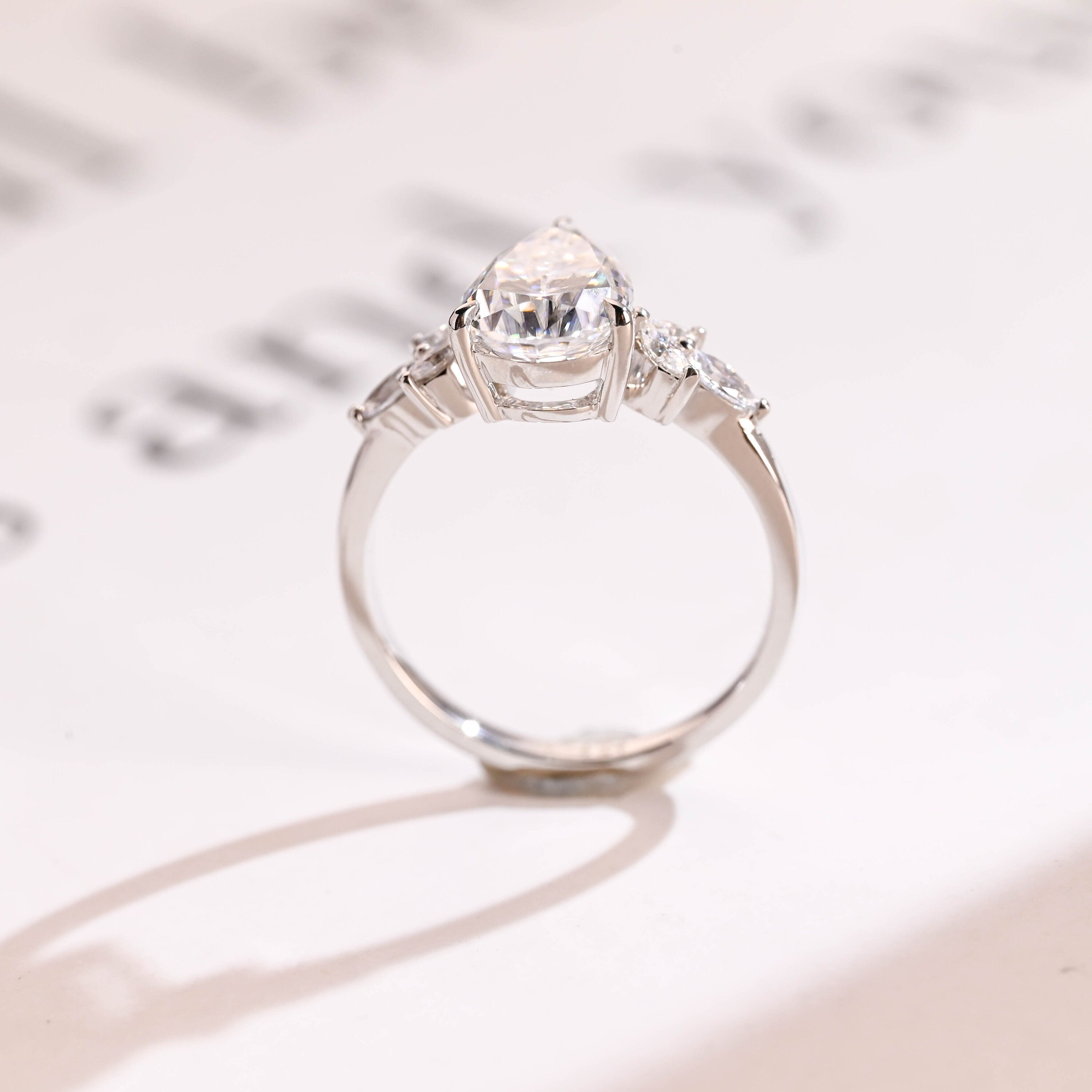 Solid Gold Pear Moissanite Engagement Ring, Proposal Ring for Her