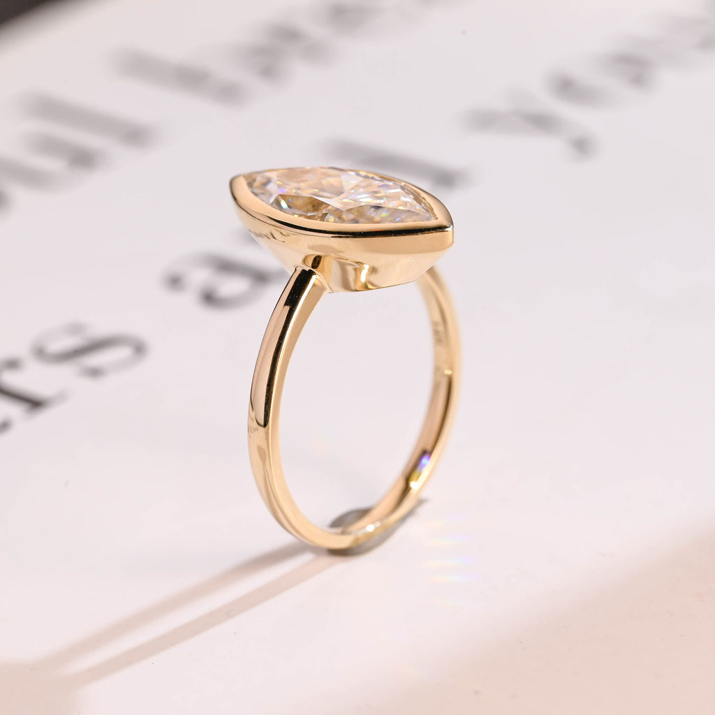 Solid Gold Marquise Moissanite Engagement Ring, Vintage Bezel Ring
