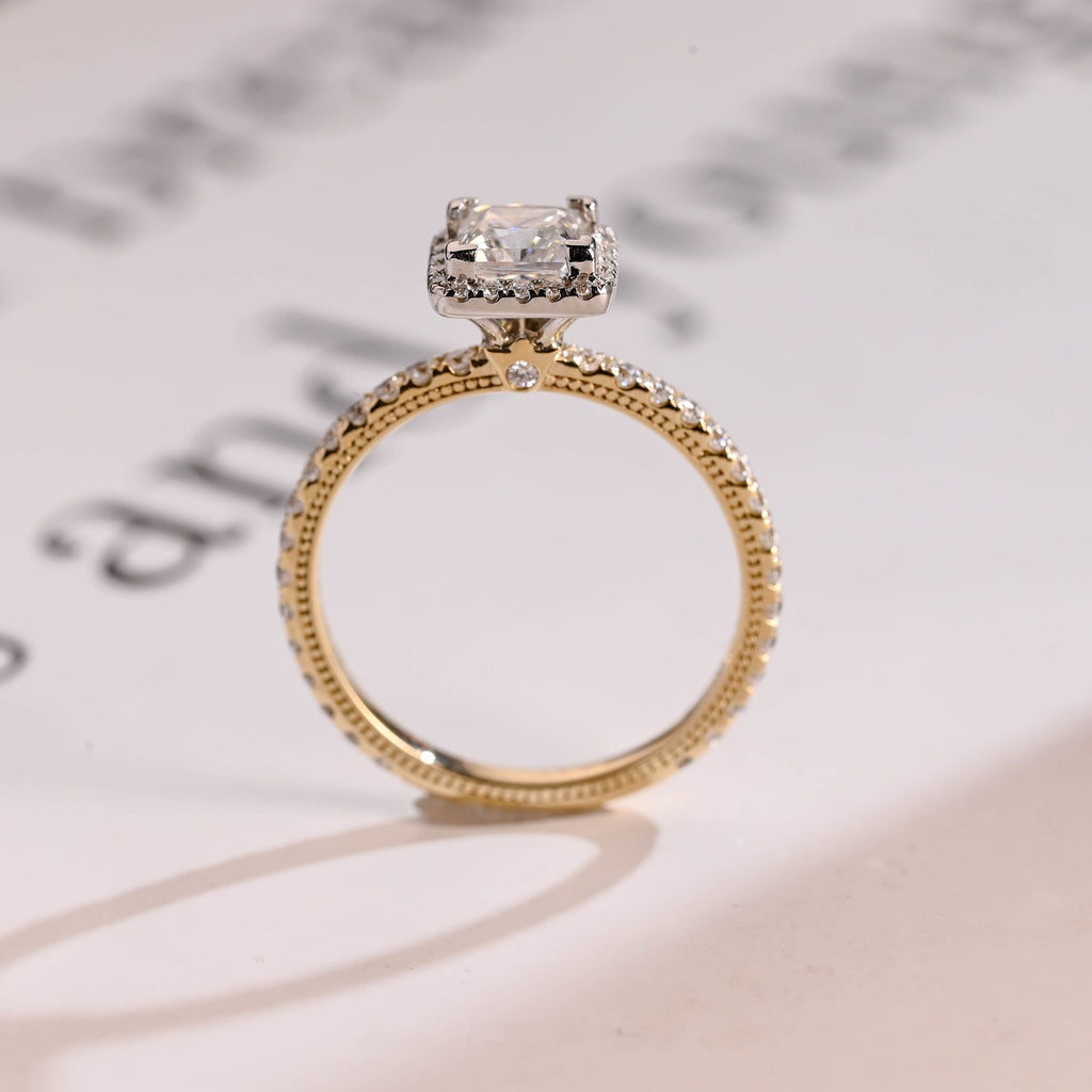Solid Gold Two Tone Princess Moissanite Engagement Ring, Halo Bridal Ring