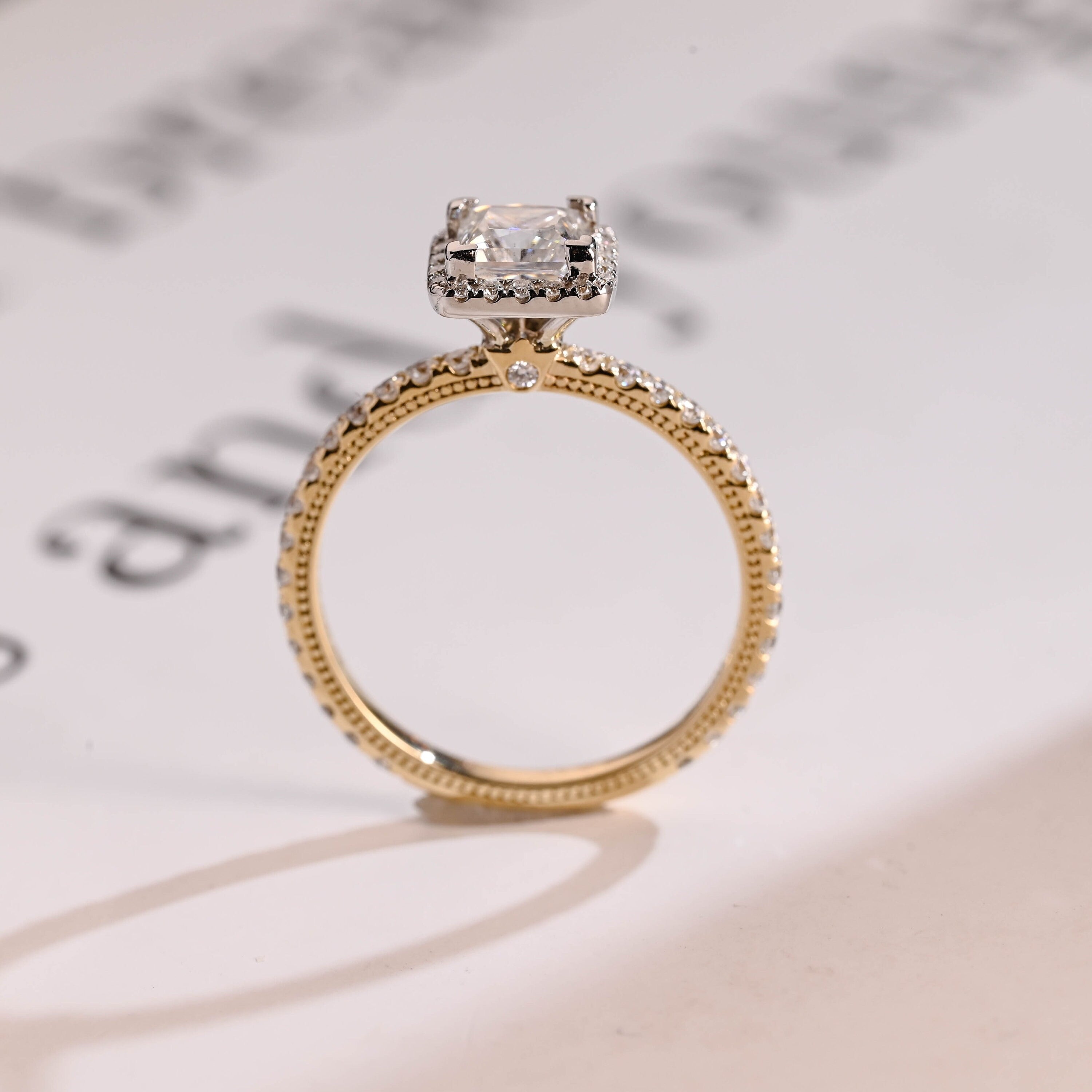 Solid Gold Two Tone Princess Moissanite Engagement Ring, Halo Bridal Ring