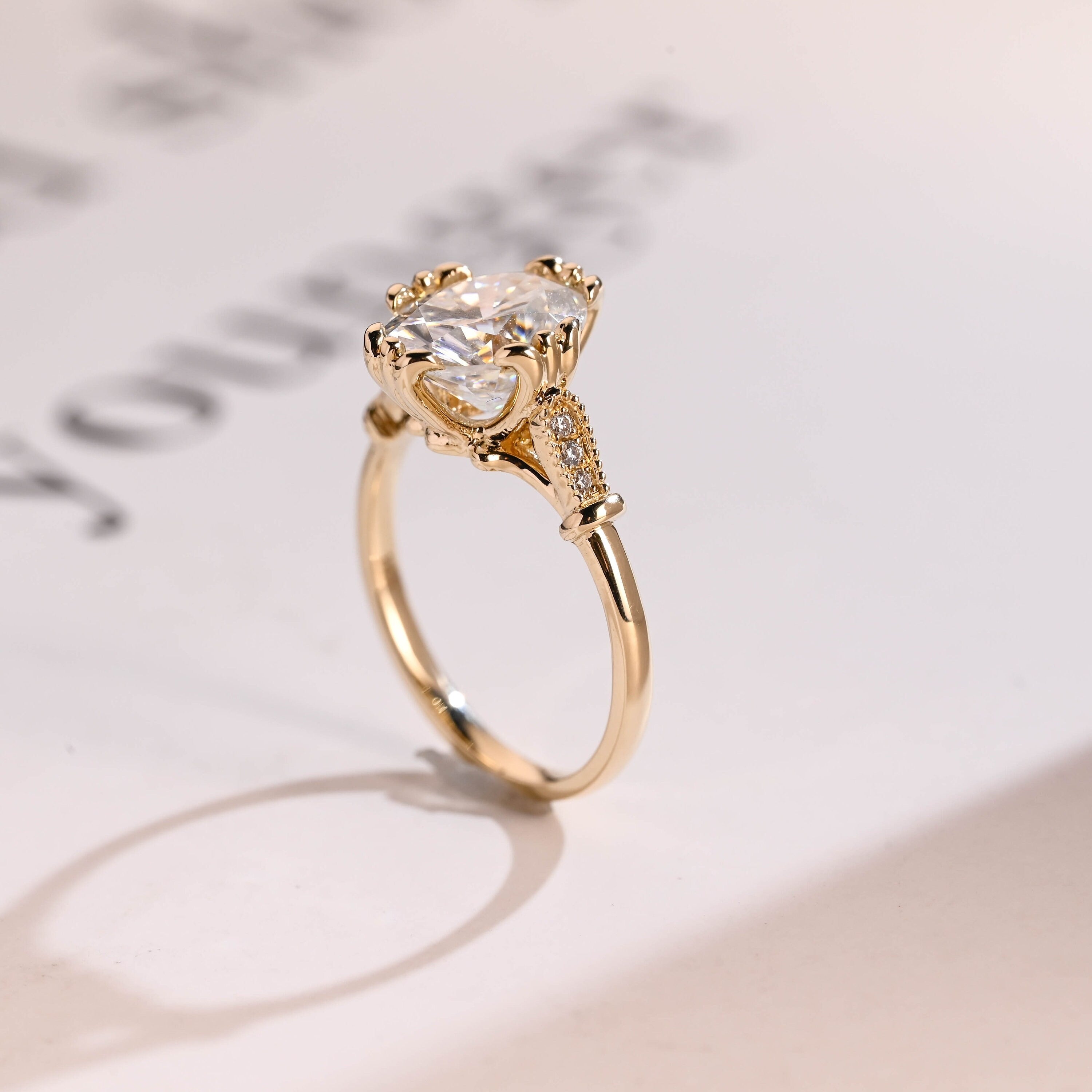 Solid Gold Oval Moissanite Engagement Ring, Filigree Wedding Ring Secondary image
