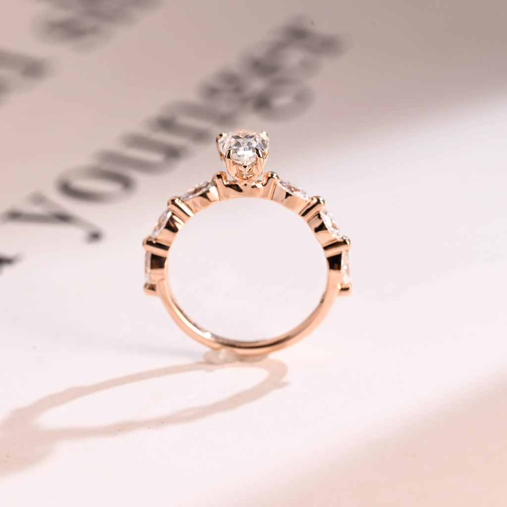 Solid Gold Pear Cut Moissanite Engagement Ring, Half Pave Proposal Ring