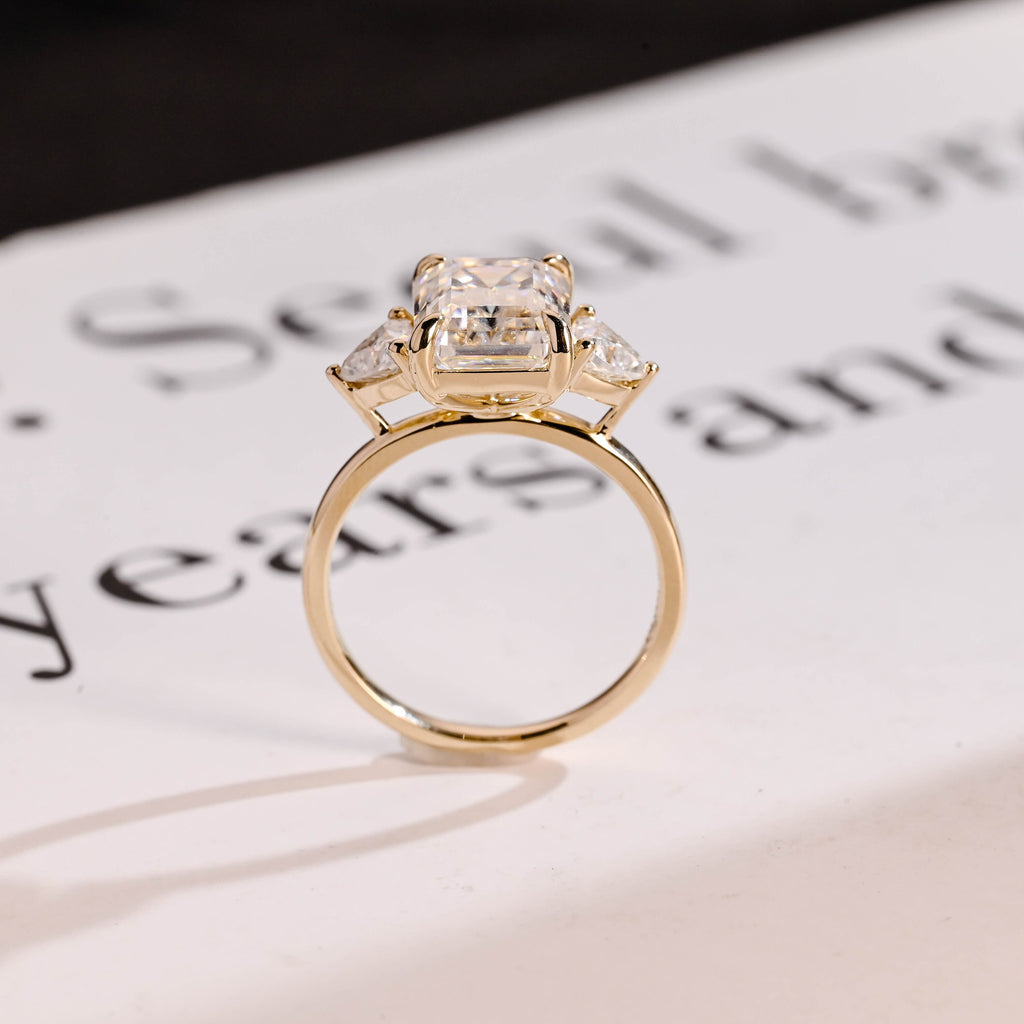 Solid Gold Emerald Cut Moissanite Engagement Ring With Trillion Accent, Three Stone Ring