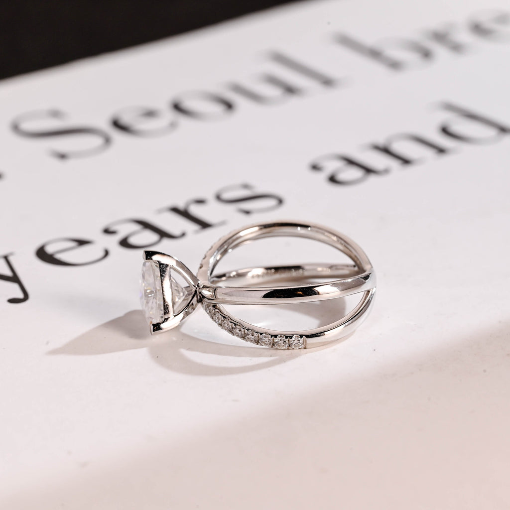 Solid Gold Trillion Cut Moissanite Engagement Ring, Double Band Open Shank Twisted Ring
