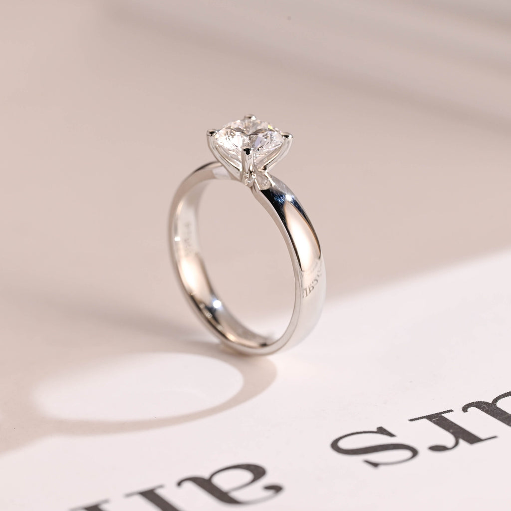 Solid Gold Minimalist Round Moissanite Engagement Ring, 3.5mm Width Band Ring