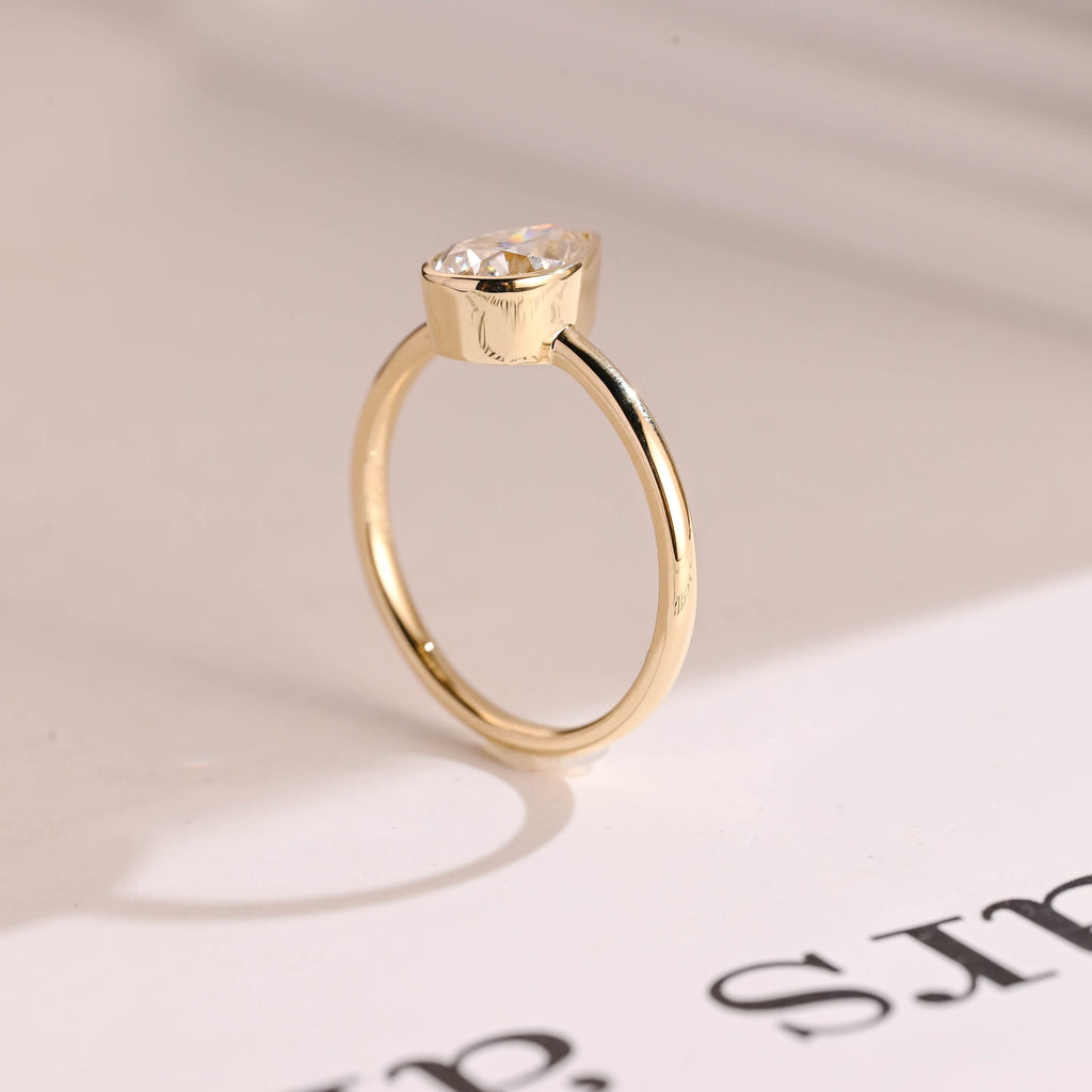 Solid Gold Pear Moissanite Engagement Ring with Bezel, Dainty Ring