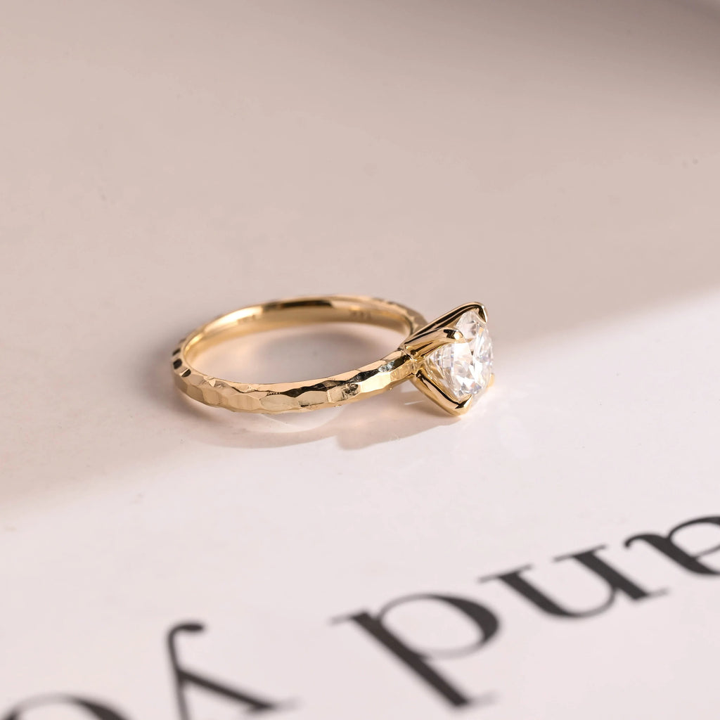 Solid Gold Round Cut Moissanite Engagement Ring, Hammered Ring