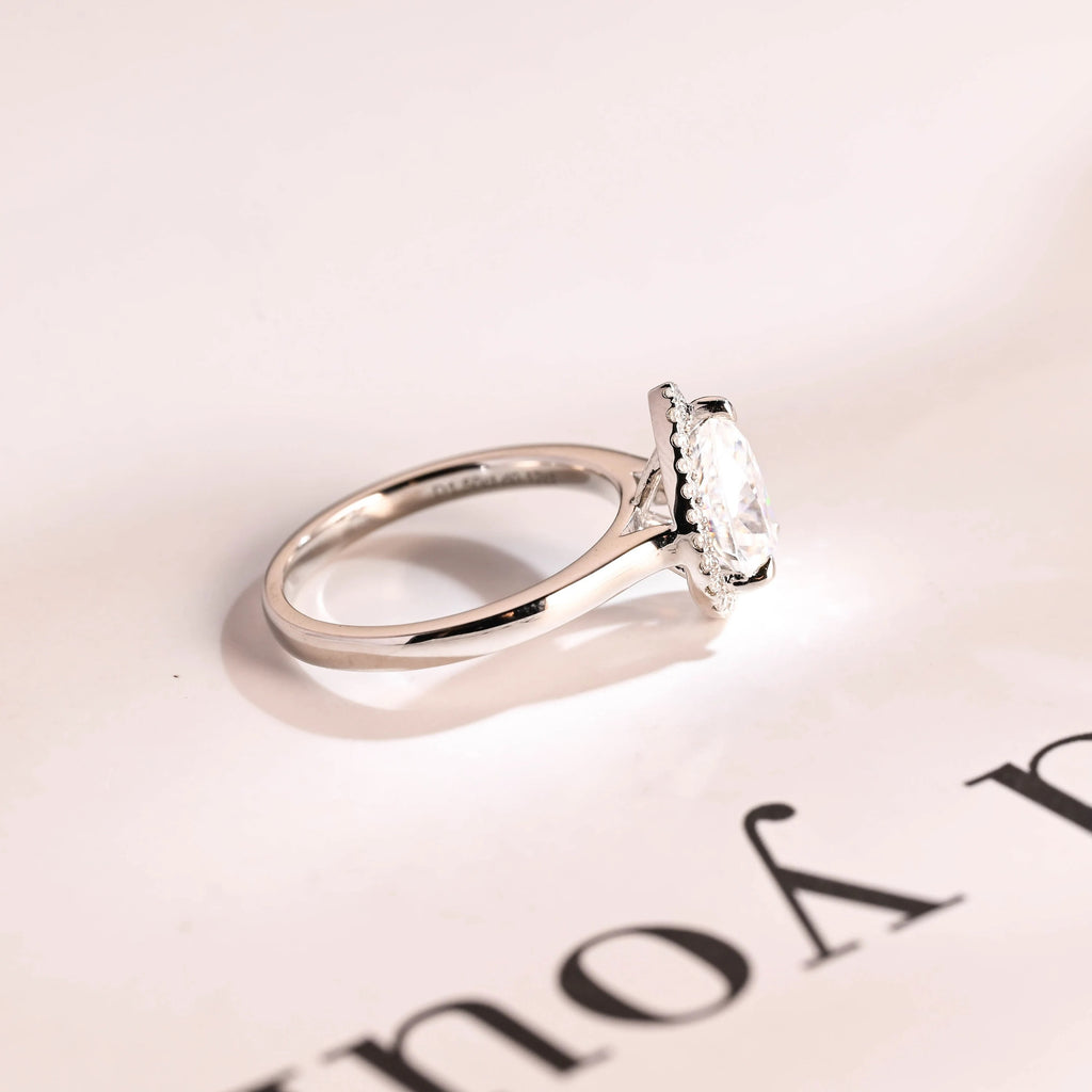 Solid Gold Pear Moissanite Engagement Ring, Flower Halo Promise Ring for Her