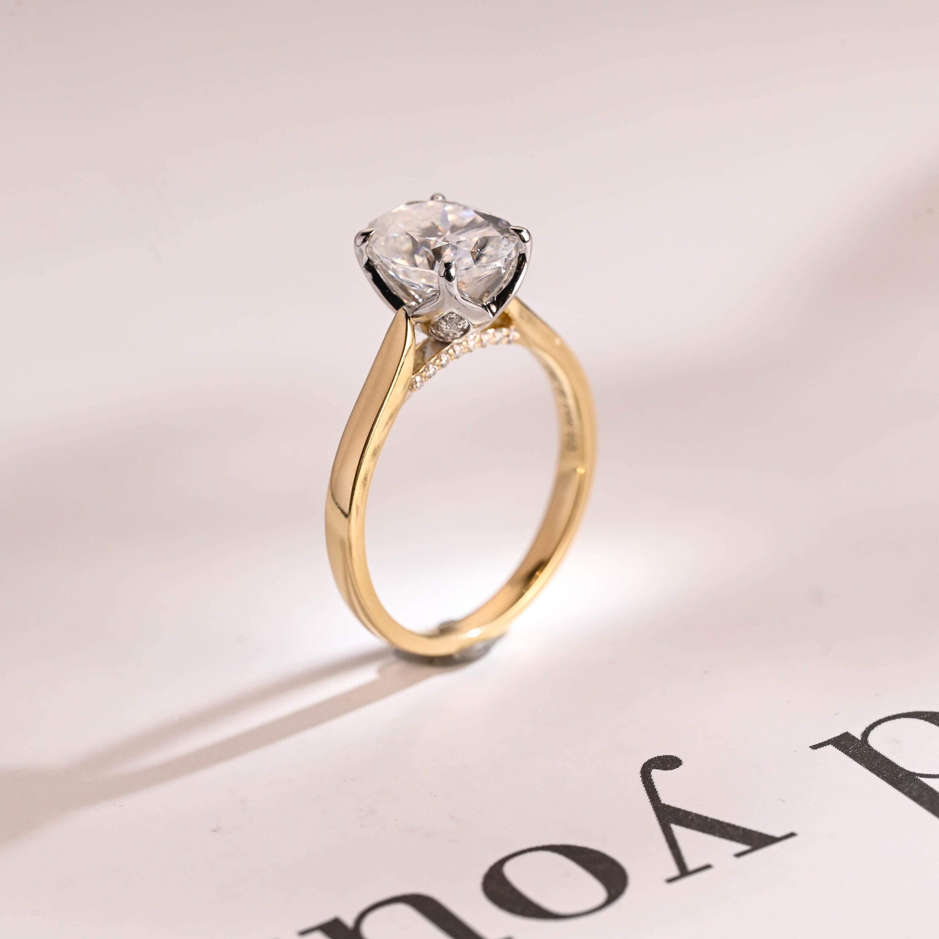 Solid Gold Oval Cut Moissanite Engagement Ring, Two Tone Ring
