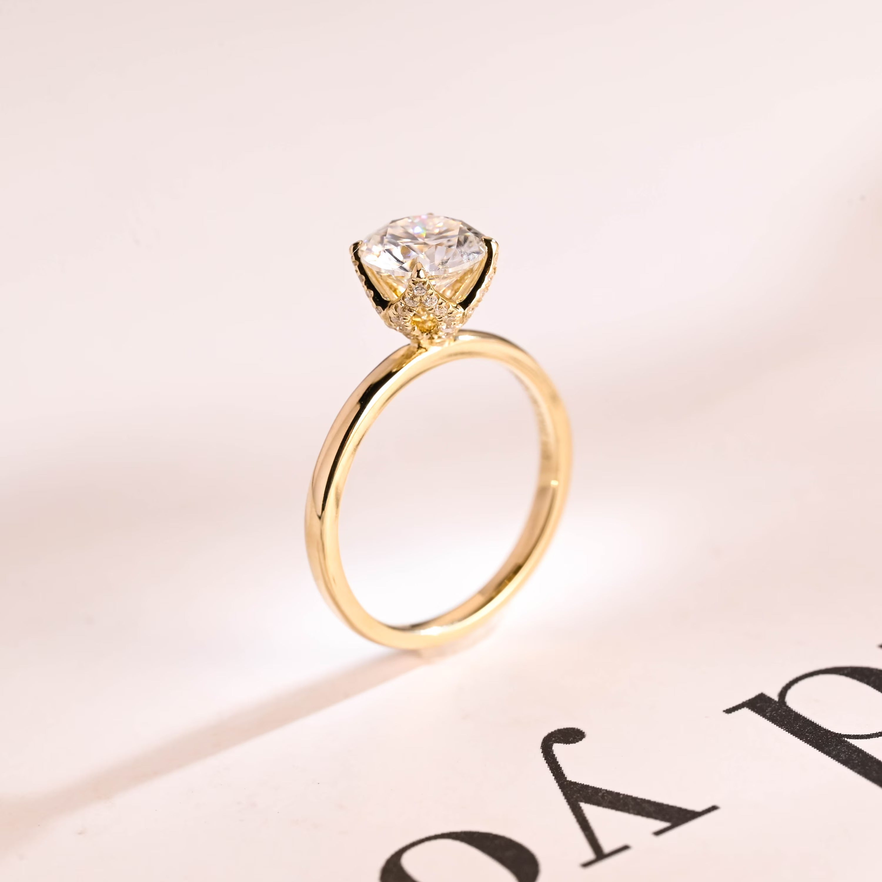 Solid Gold Tulip Floral Hidden Halo Round Moissanite Engagement Ring, Anniversary Gift for Her Secondary image