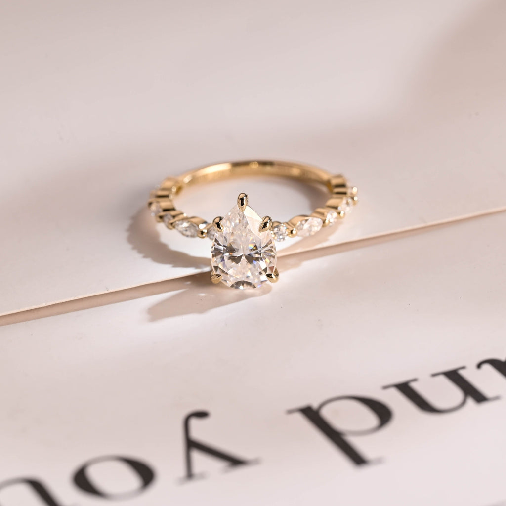 Solid Gold Pear Cut Moissanite Engagement Ring, Half Pave Proposal Ring