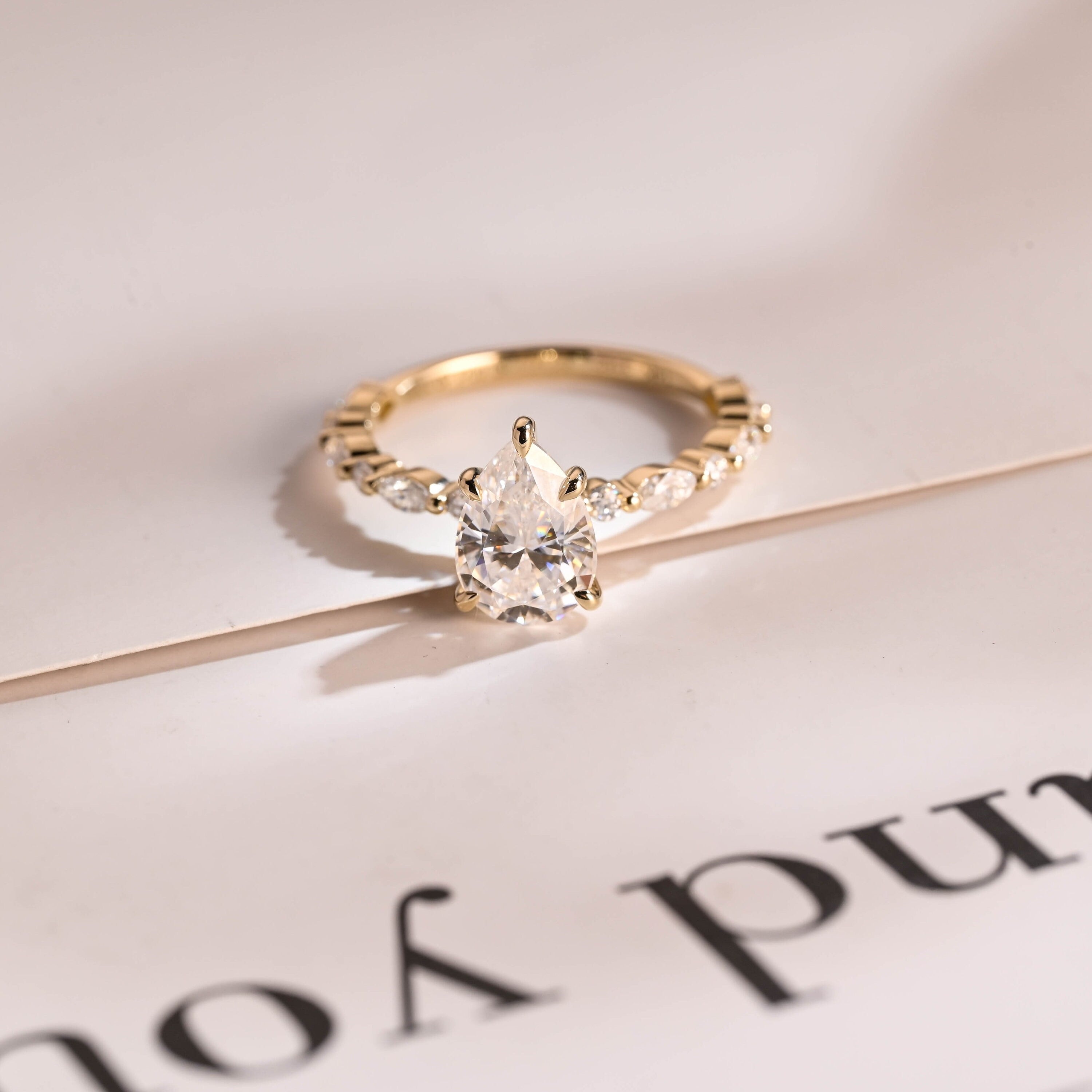 Solid Gold Pear Cut Moissanite Engagement Ring, Half Pave Proposal Ring