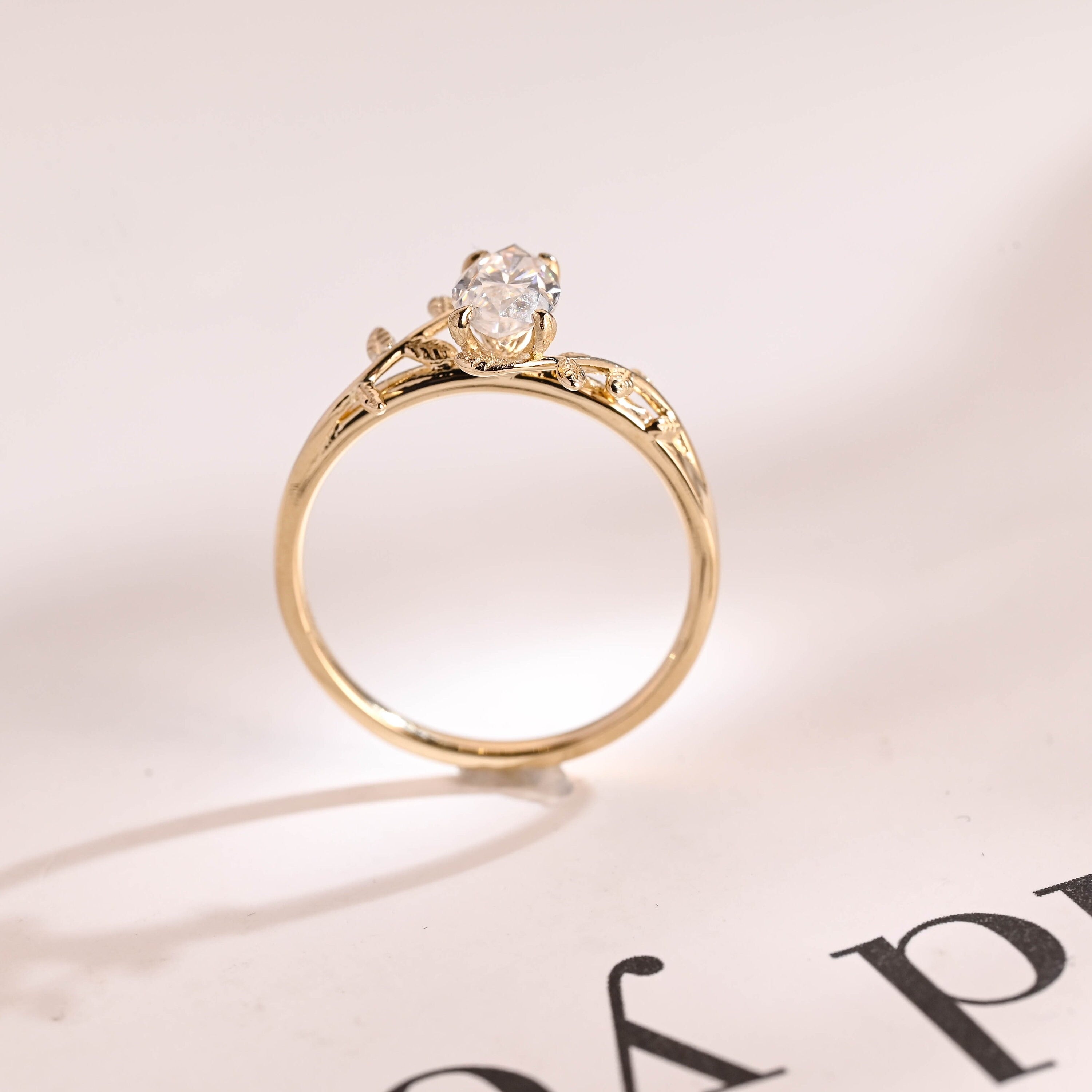 Solid Gold Leaf Ring, Marquise Moissanite Engagement Ring, Proposal Ring