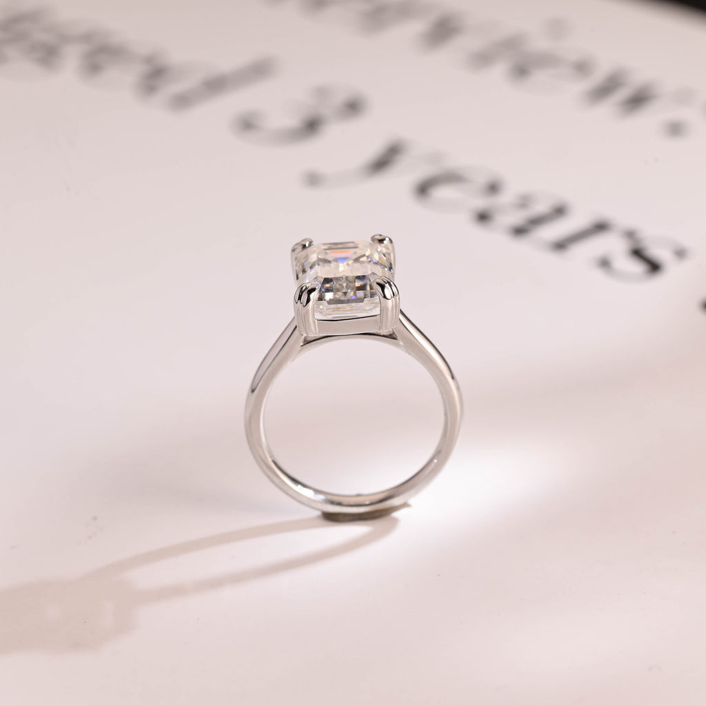 Solid Gold Double Claws Emerald Cut Moissanite Engagement Ring, Anniversary Gift