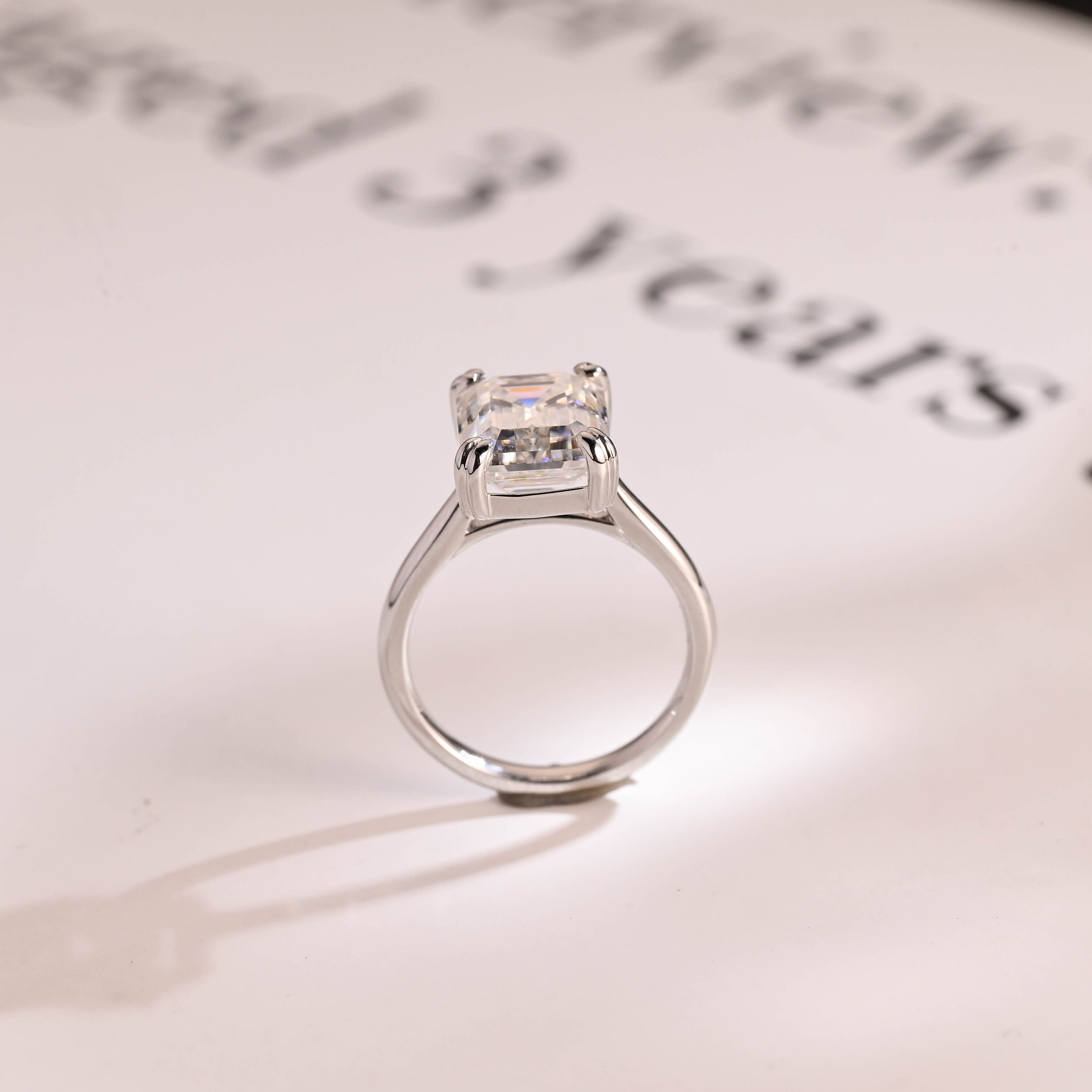 Solid Gold Double Claws Emerald Cut Moissanite Engagement Ring, Anniversary Gift