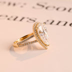 Solid Gold Pear Moissanite Engagement Ring, Double Band Split Shank Halo & Half Eternity Proposal Ring