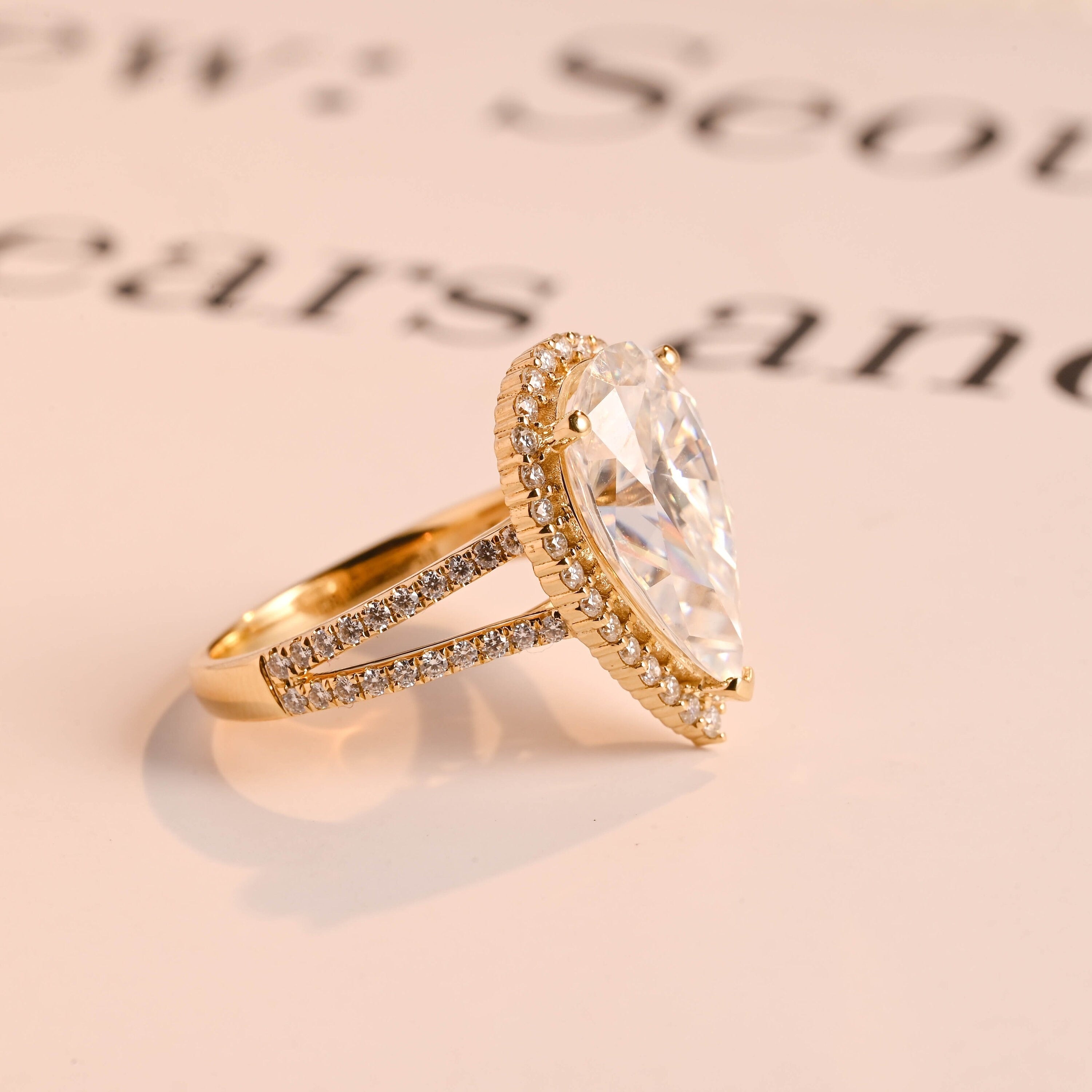 Solid Gold Pear Moissanite Engagement Ring, Double Band Split Shank Halo & Half Eternity Proposal Ring