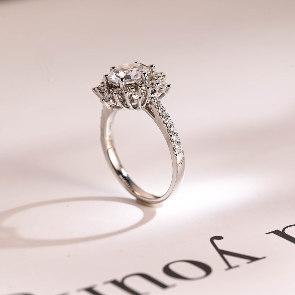 Solid Gold Sunflower Round Moissanite Engagement Ring, Half Eternity Promise Ring