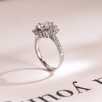 Solid Gold Sunflower Round Moissanite Engagement Ring, Half Eternity Promise Ring