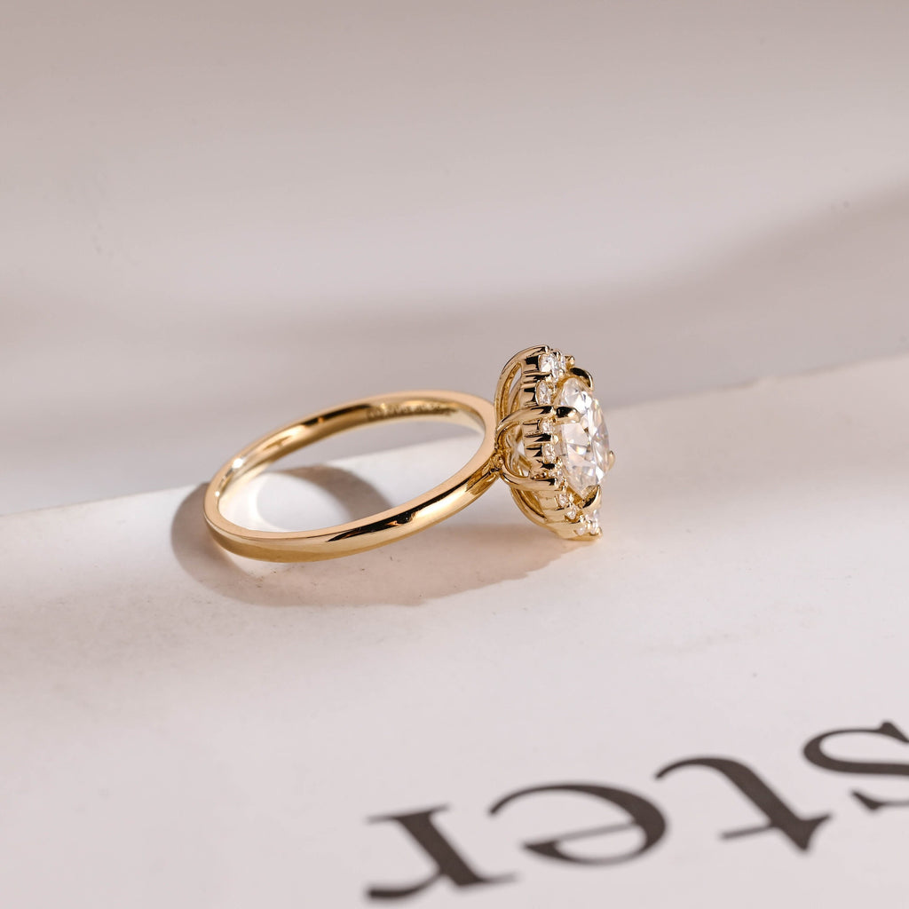 Solid Gold Sunflower Round Moissanite Engagement Ring, Dainty Promise Ring
