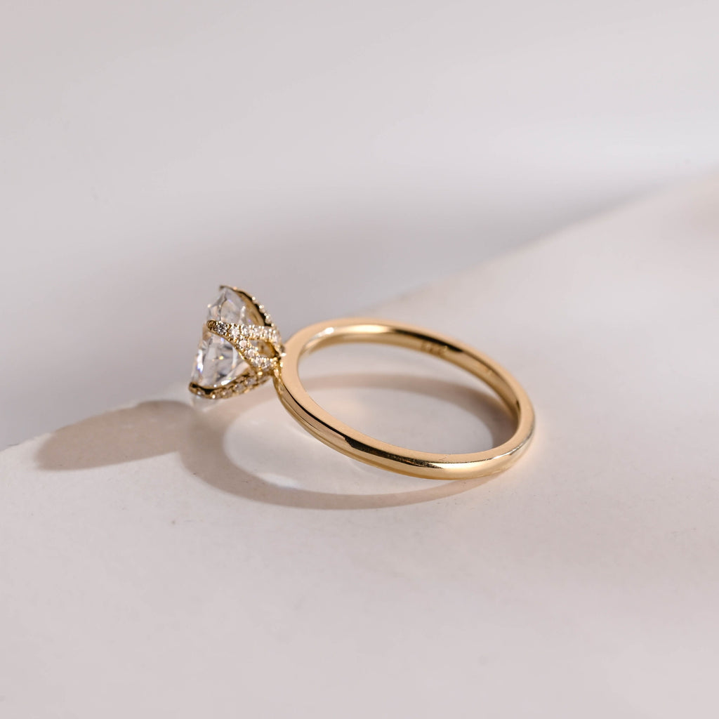 Solid Gold Tulip Flower Pave Crushed Ice Pear Moissanite Engagement Ring