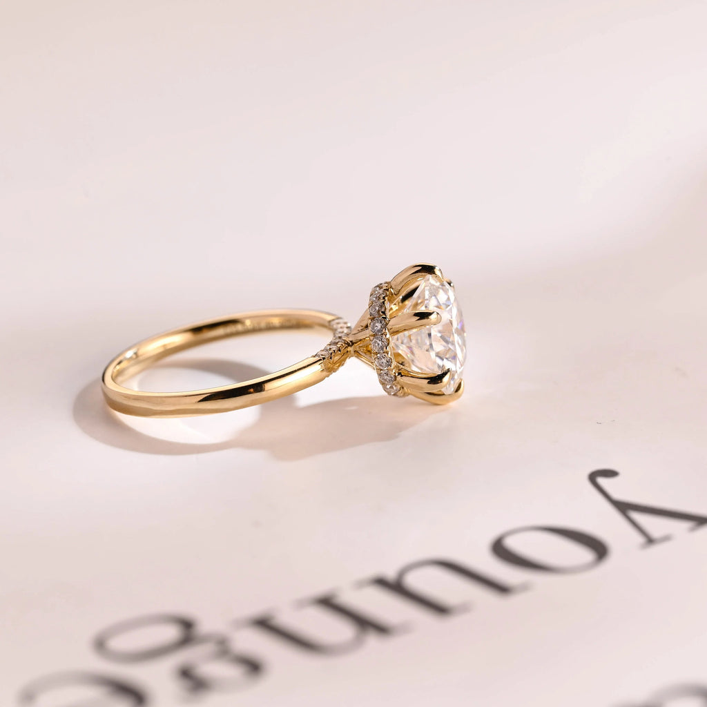 Solid Gold Hidden Halo Round Moissanite Engagement Ring, Anniversary Gift