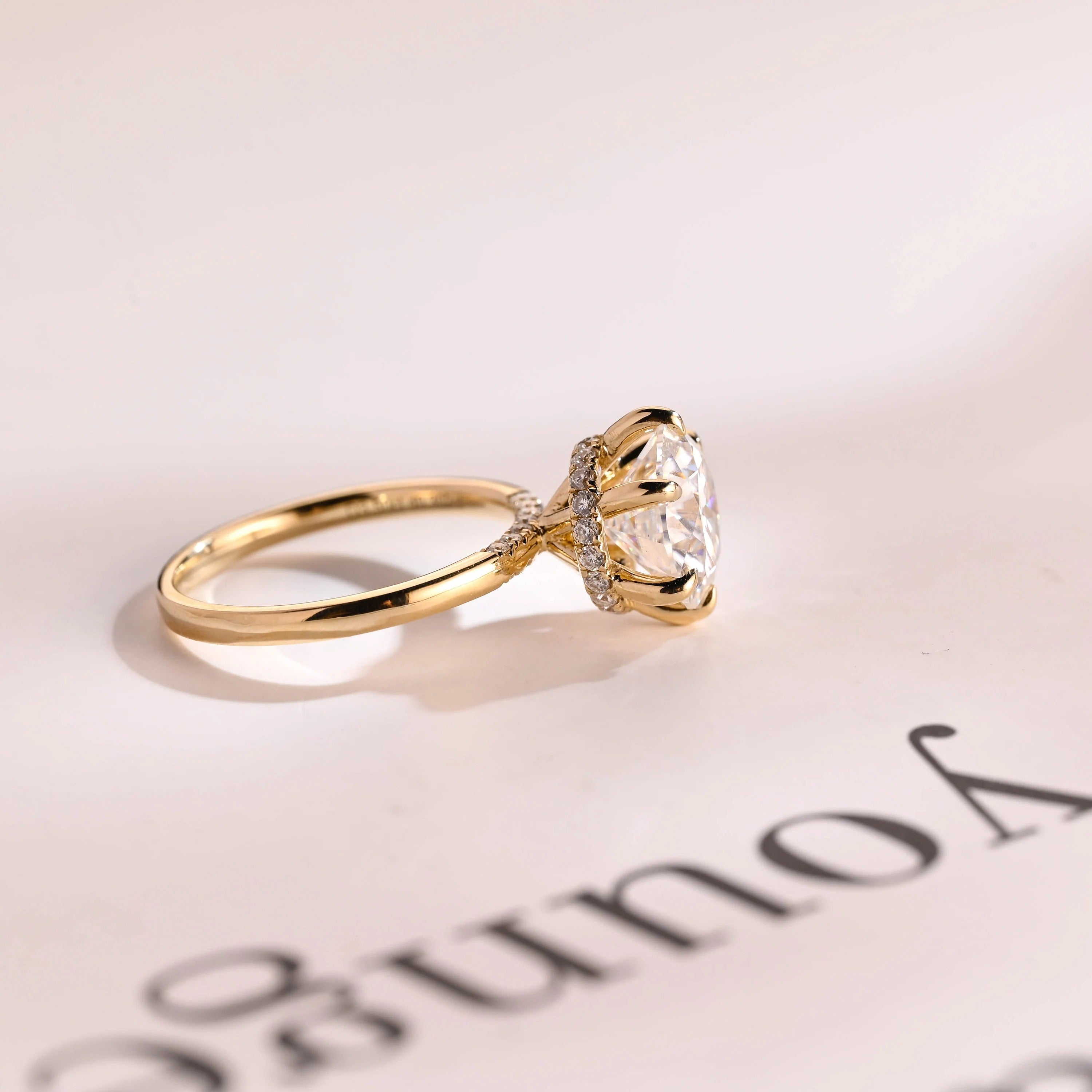 Solid Gold Hidden Halo Round Moissanite Engagement Ring, Anniversary Gift