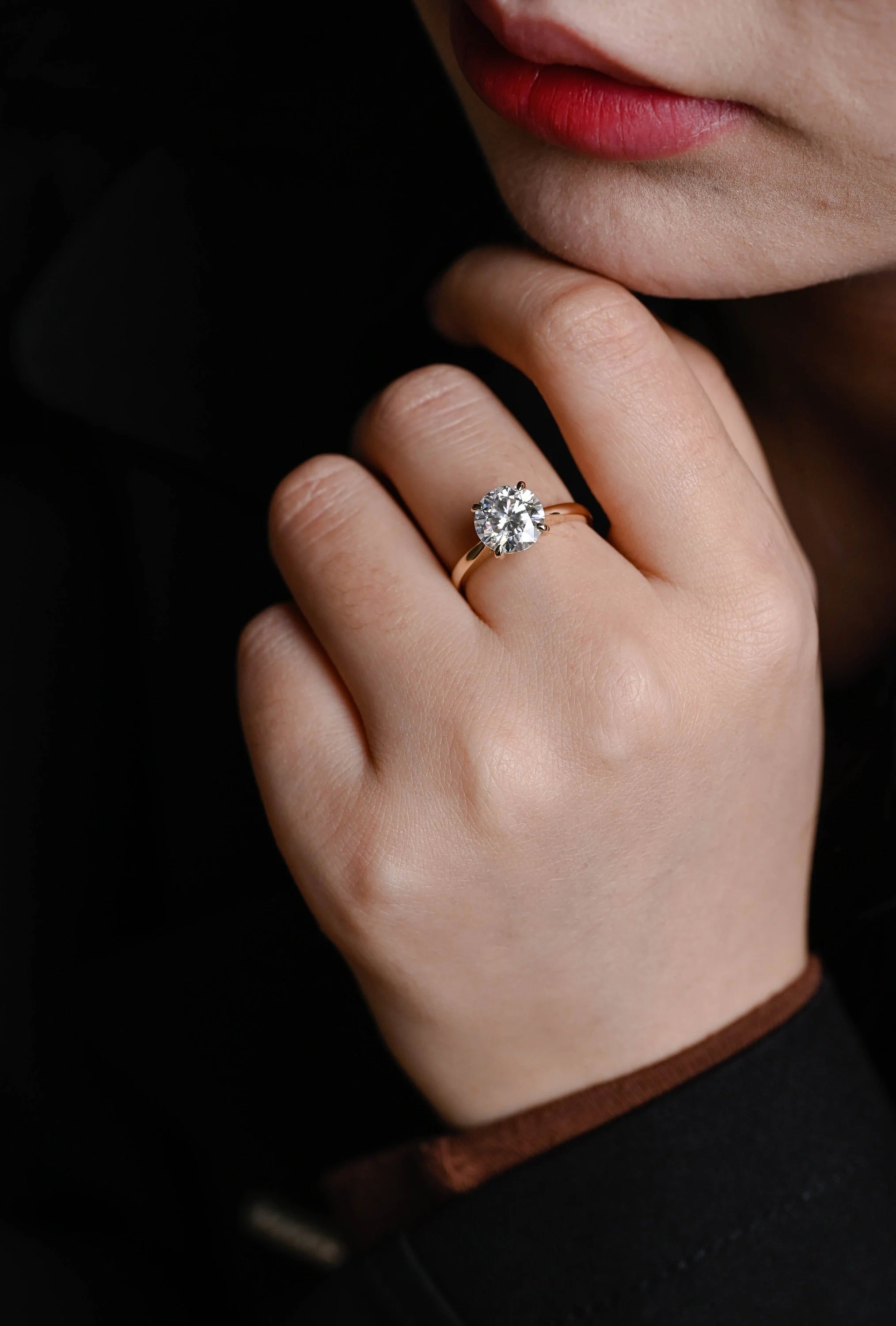 Solid Gold Round Cut Moissanite Engagement Ring, Anniversary Gift for Her