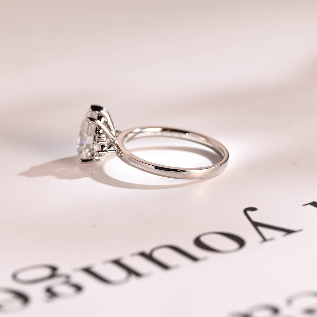 Solid Gold Pear Moissanite Engagement Ring with Accent Stone, Tear Drop Ring