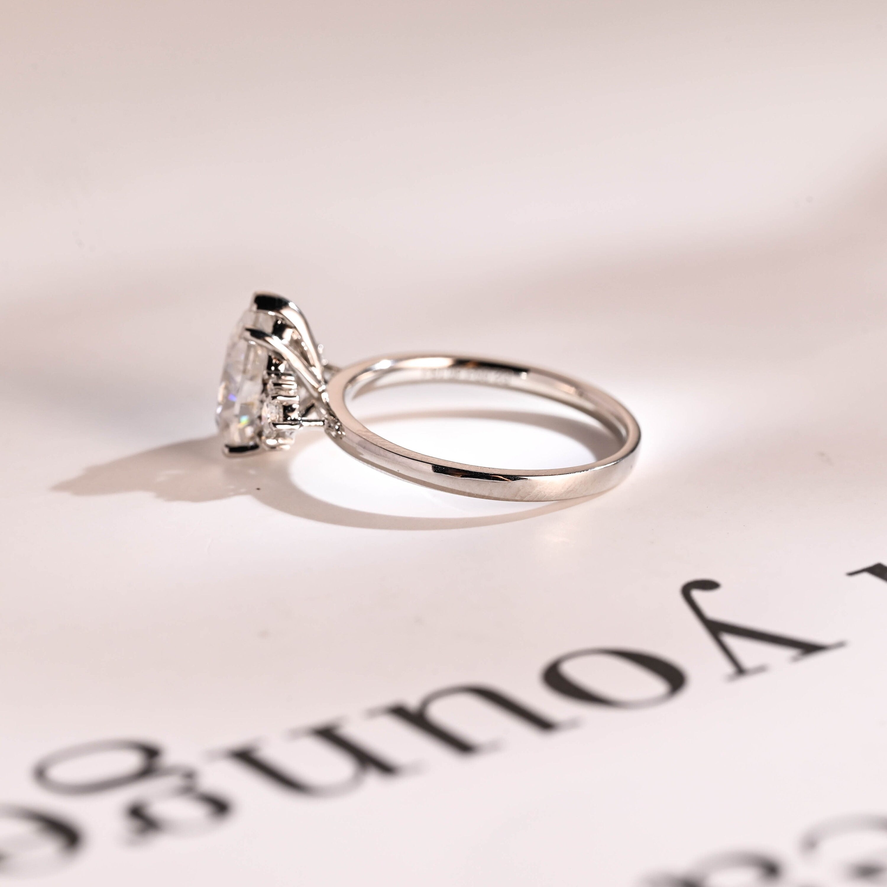 Solid Gold Pear Moissanite Engagement Ring with Accent Stone, Tear Drop Ring