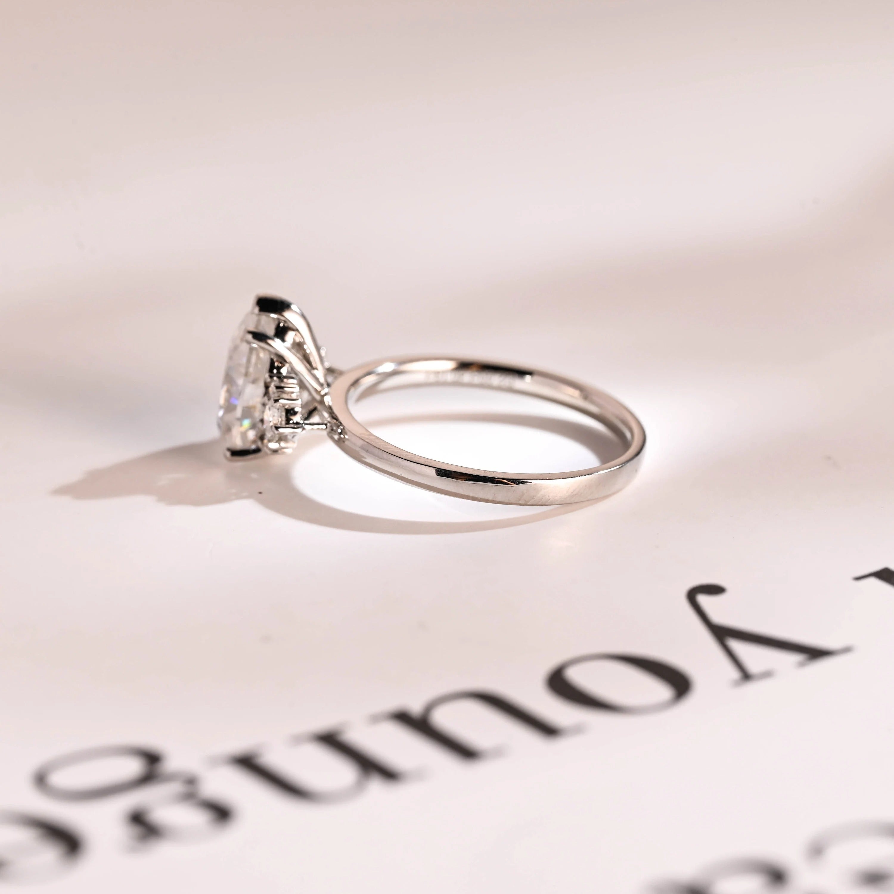 Solid Gold Pear Moissanite Engagement Ring with Accent Stone, Tear Drop Ring