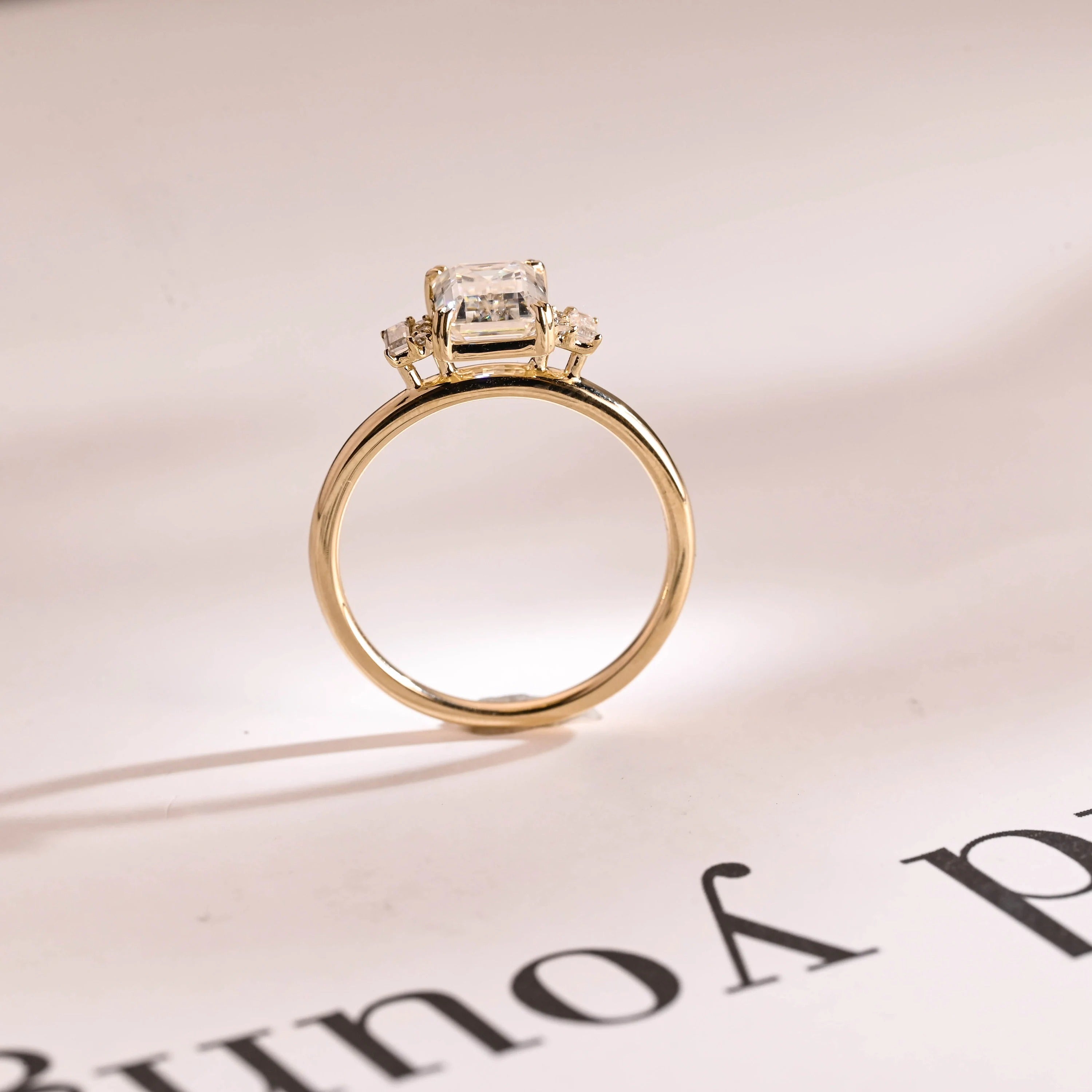 Solid Gold Emerald Cut Moissanite Engagement Ring, Dainty Cluster Promise Ring
